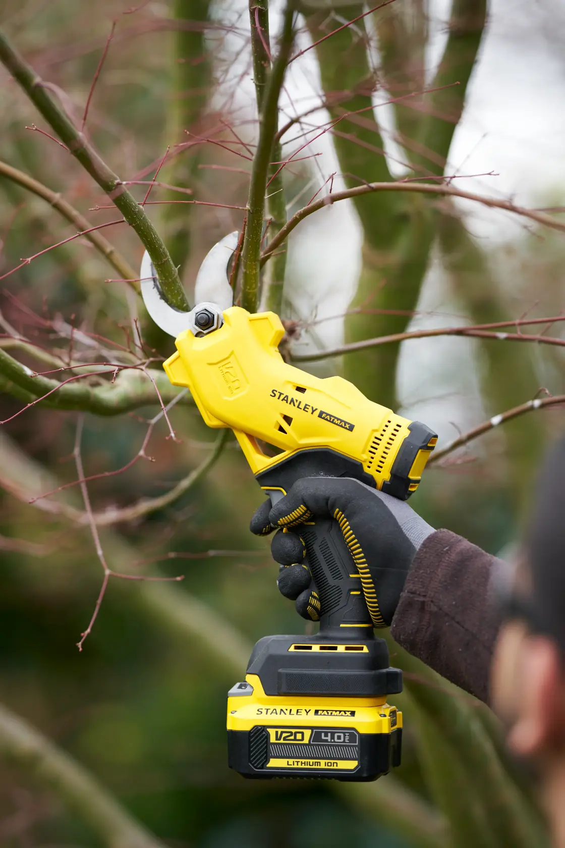 STANLEY SFMCPP32B cordless pruner cutting tree branches, yellow and black, outdoor use.