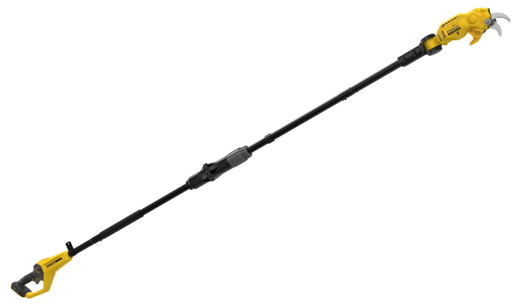 STANLEY SFMCPP632B kabellose gelb-schwarze Teleskop-Astschere Seitenansicht vor weißem Hintergrund.