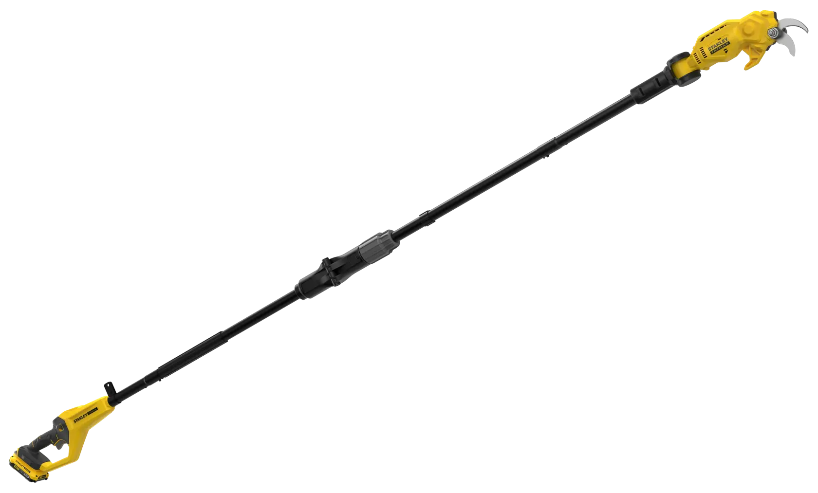 STANLEY SFMCPP632D1 gelb-schwarzer Akku-Hochentaster, Seitenansicht auf weißem Hintergrund.