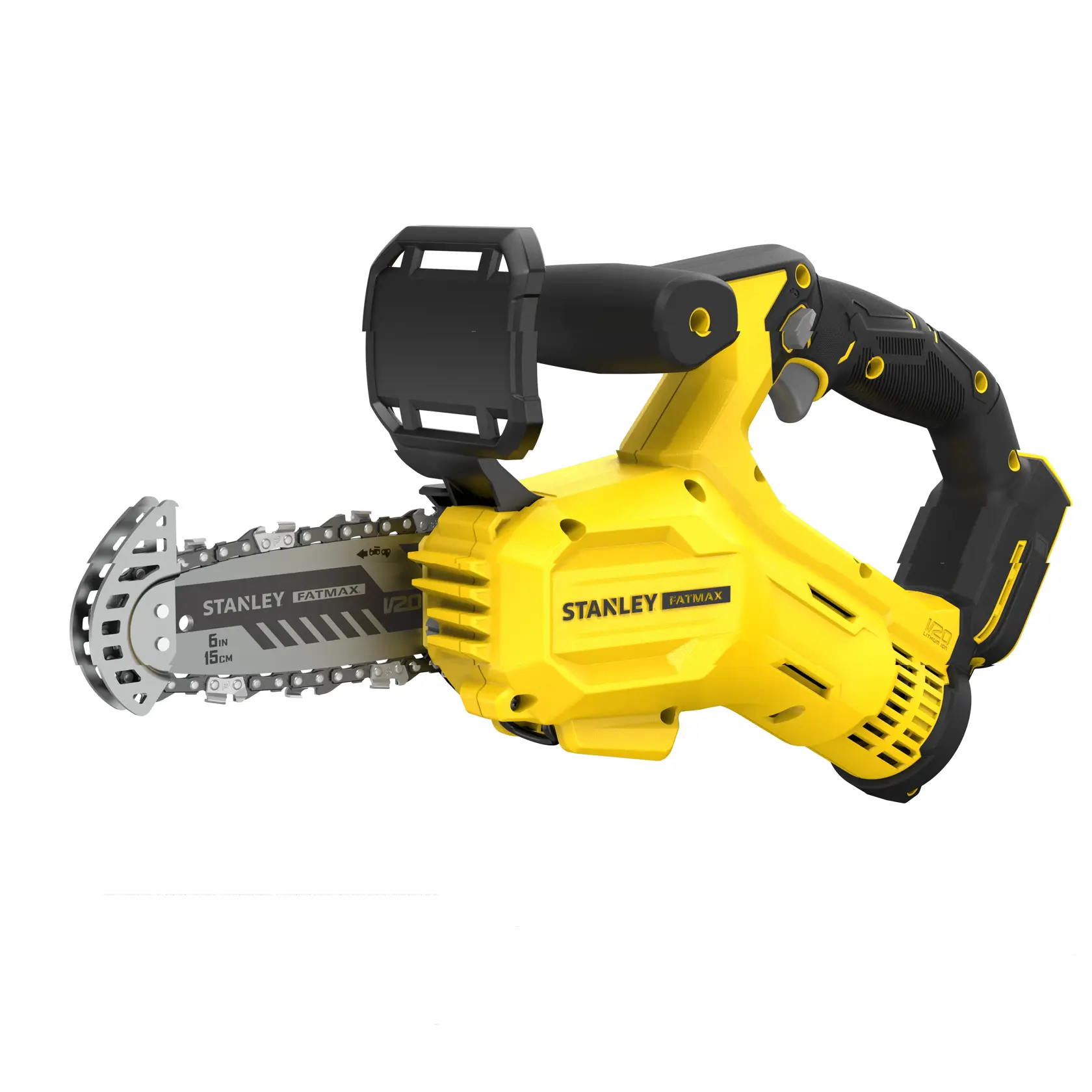 STANLEY SFMCPS415B kabellose Mini-Kettensäge mit schwarz-gelbem Gehäuse, Seitenansicht auf weißem Hintergrund.