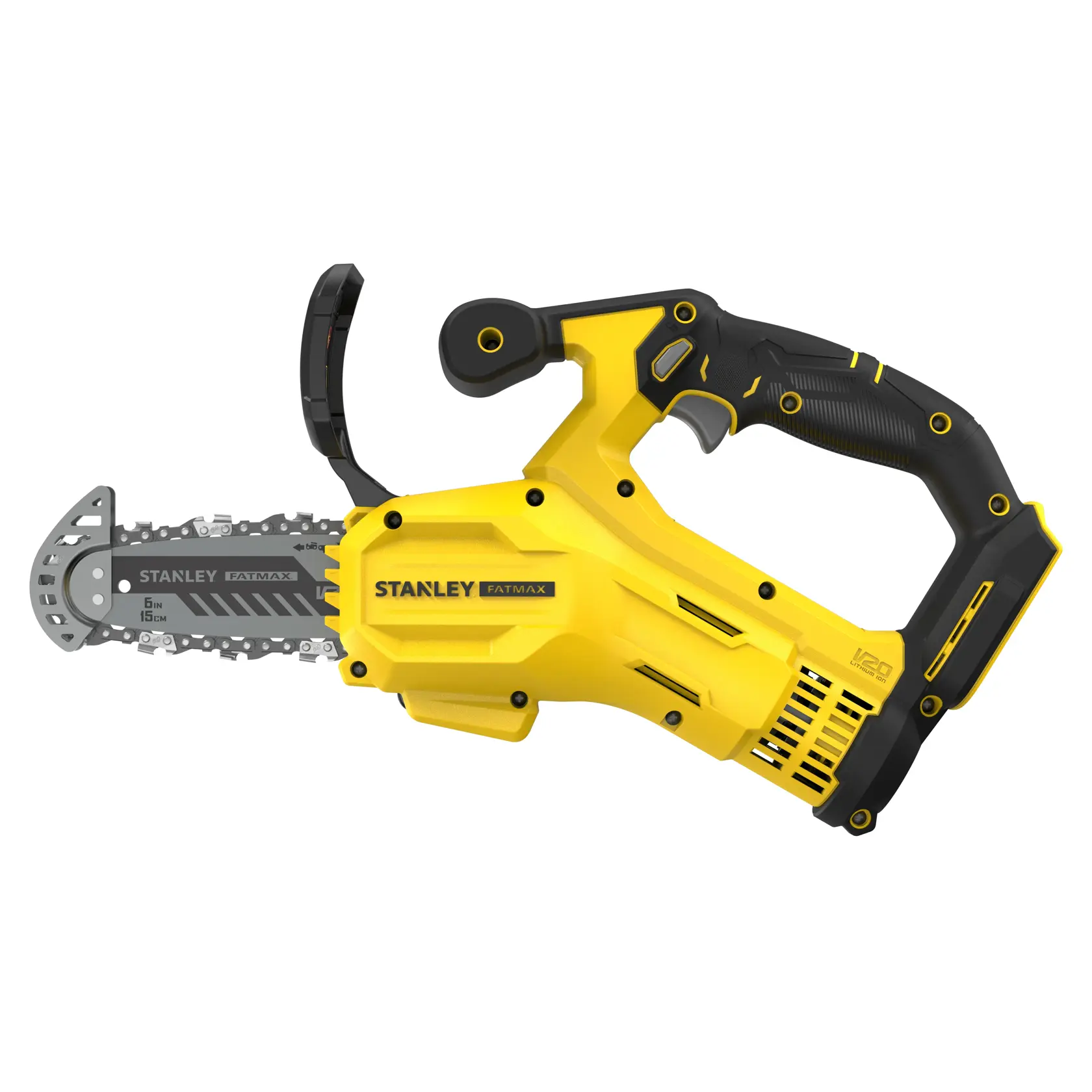 STANLEY SFMCPS415B gelb-schwarze kabellose Mini-Kettensäge, Seitenansicht des Produkts auf weißem Hintergrund.