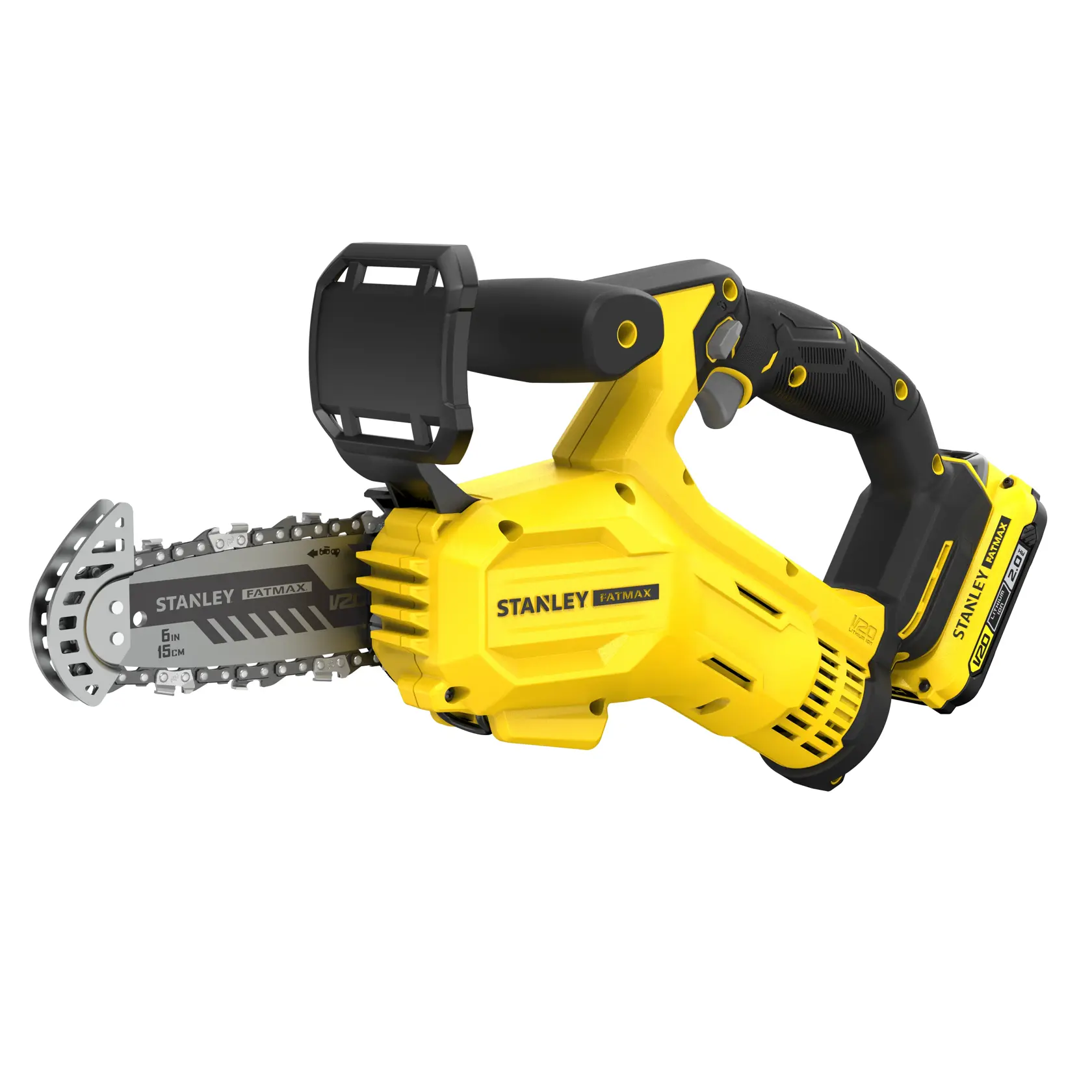 STANLEY SFMCPS415D1 Akku-Kettensäge, gelb und schwarz, Seitenansicht des Produkts auf weißem Hintergrund.