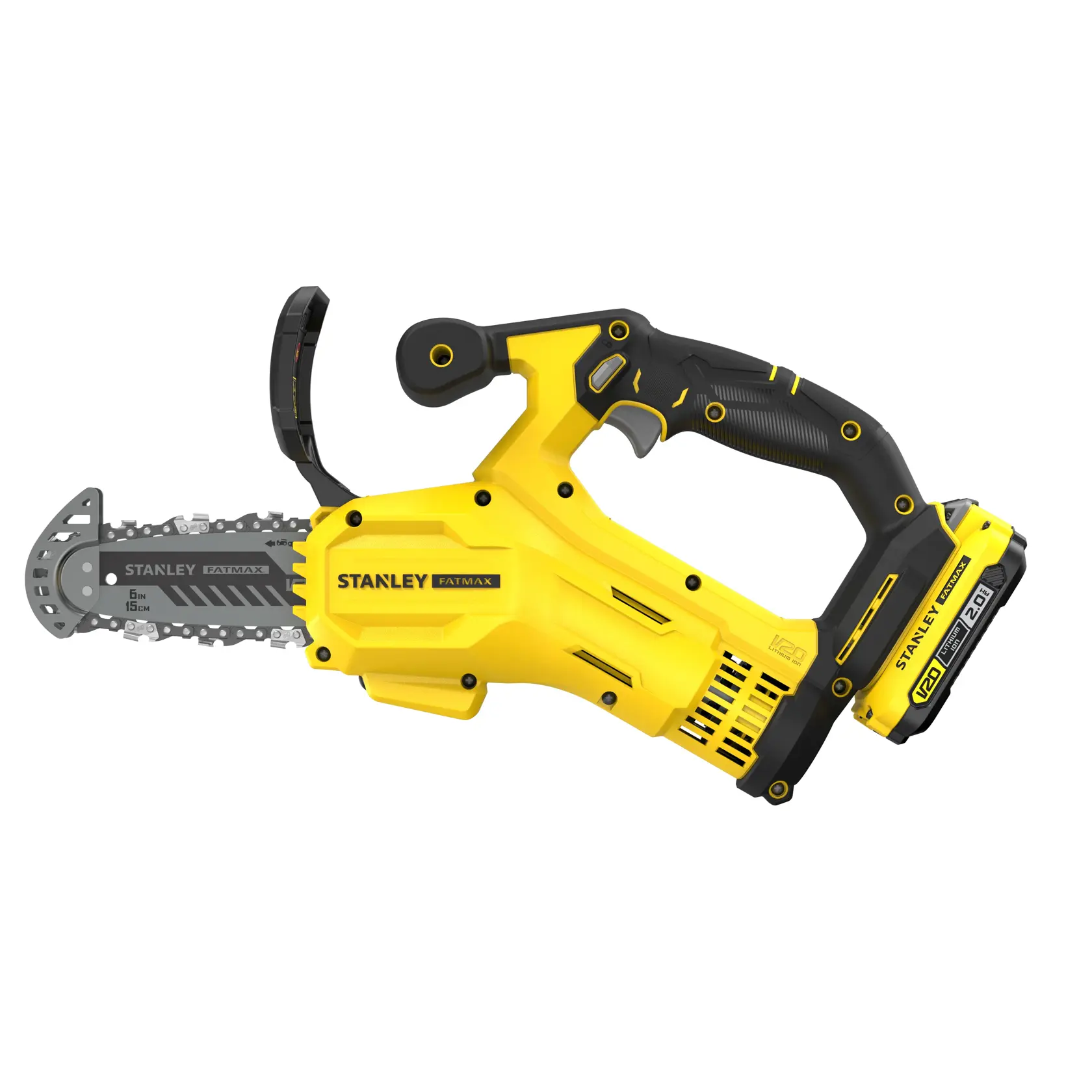 STANLEY SFMCPS415D1 kabellose Kettensäge in Gelb und Schwarz, Seitenansicht, mit sichtbarem Akku und ergonomischem Griff.
