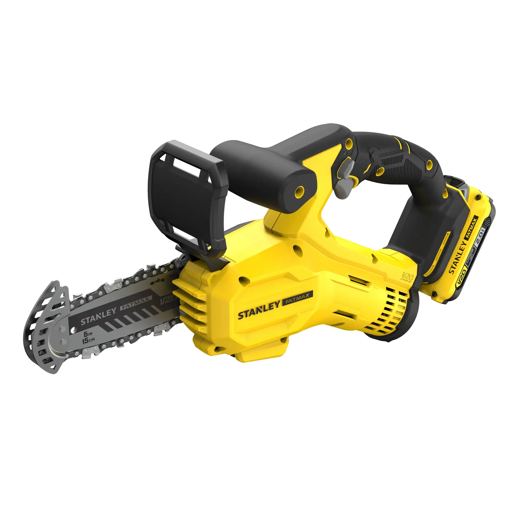 STANLEY SFMCPS415D1 kabellose Mini-Kettensäge, gelb und schwarz, Seitenansicht auf weißem Hintergrund.