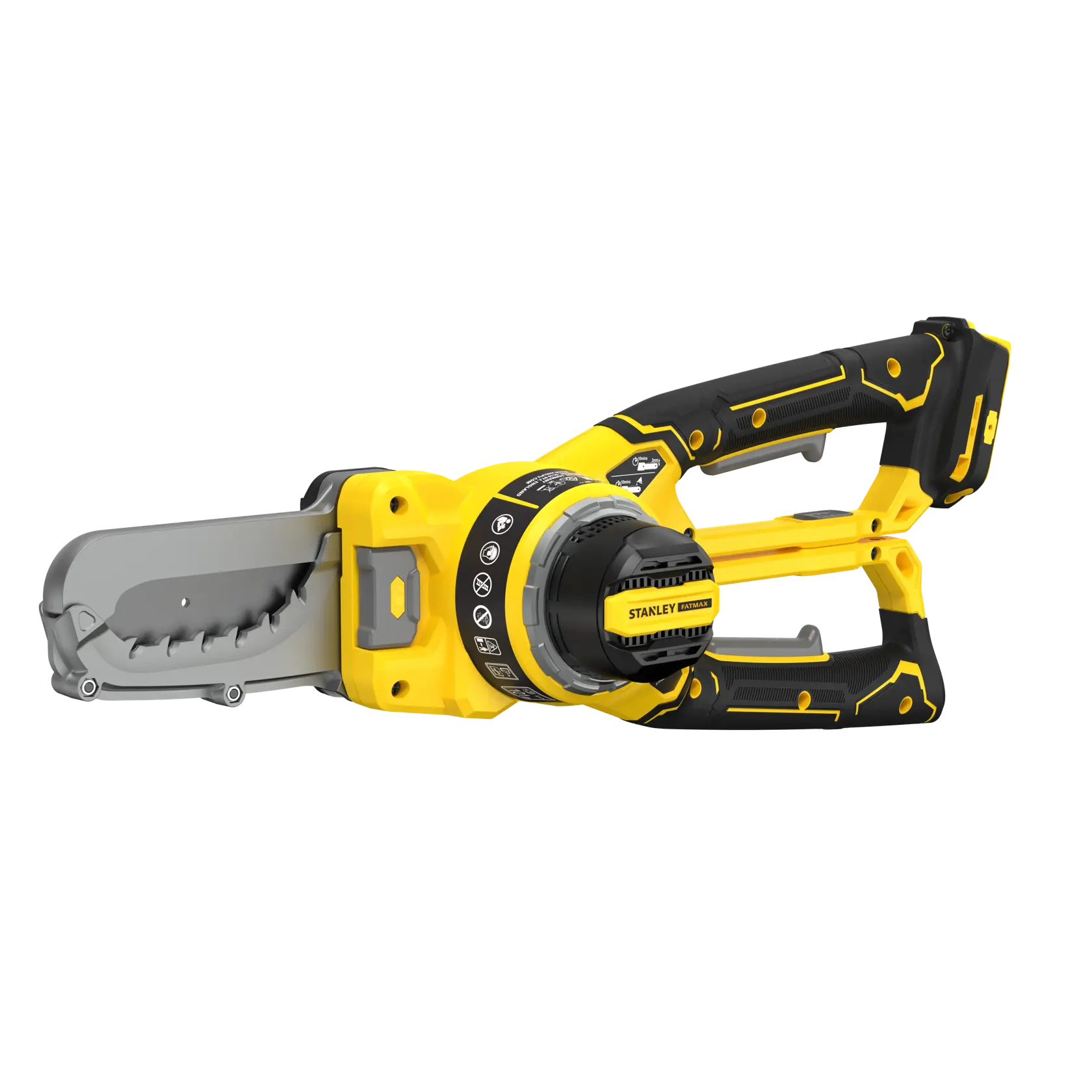 STANLEY SFMCPS515B kabellose Astsäge, gelb und schwarz, Seitenansicht auf weißem Hintergrund.