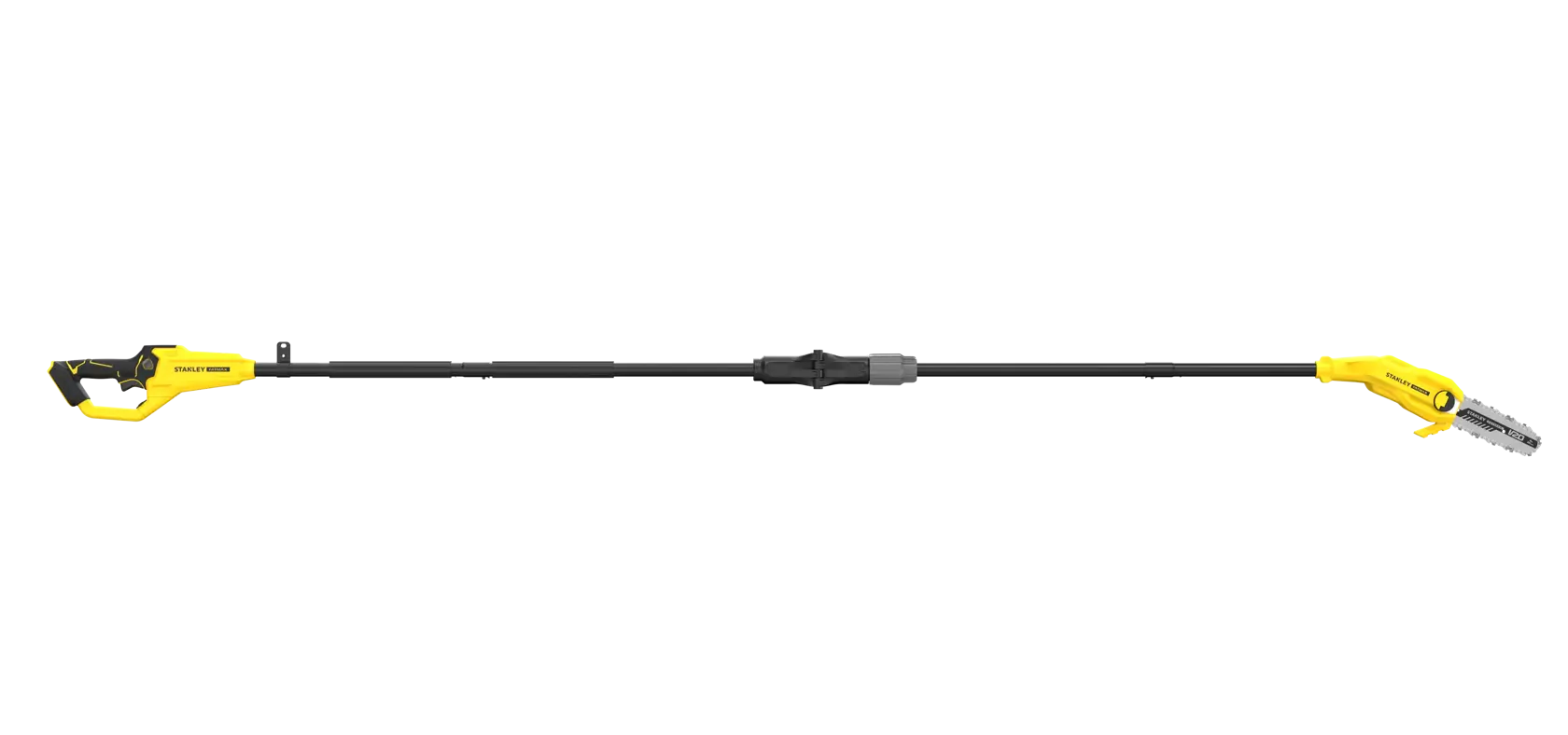 STANLEY SFMCPS720B-XJ gelbe Akku-Teleskopsäge, Seitenansicht, lange schwarze Stange und Sägekopf.
