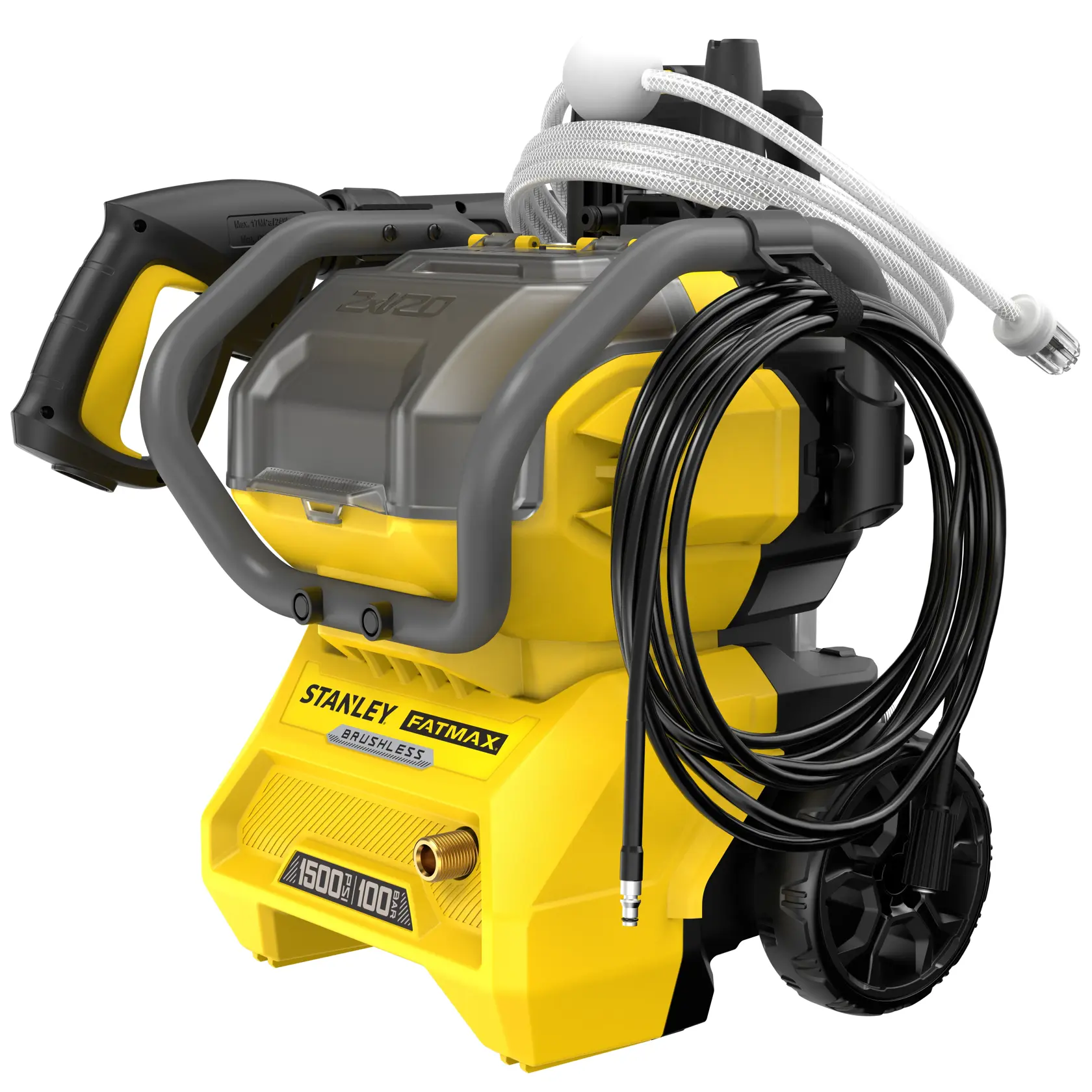 STANLEY SFMCPW1500B tragbarer gelber Hochdruckreiniger, bürstenlos, Frontansicht mit aufgewickeltem Schlauch und Griff.