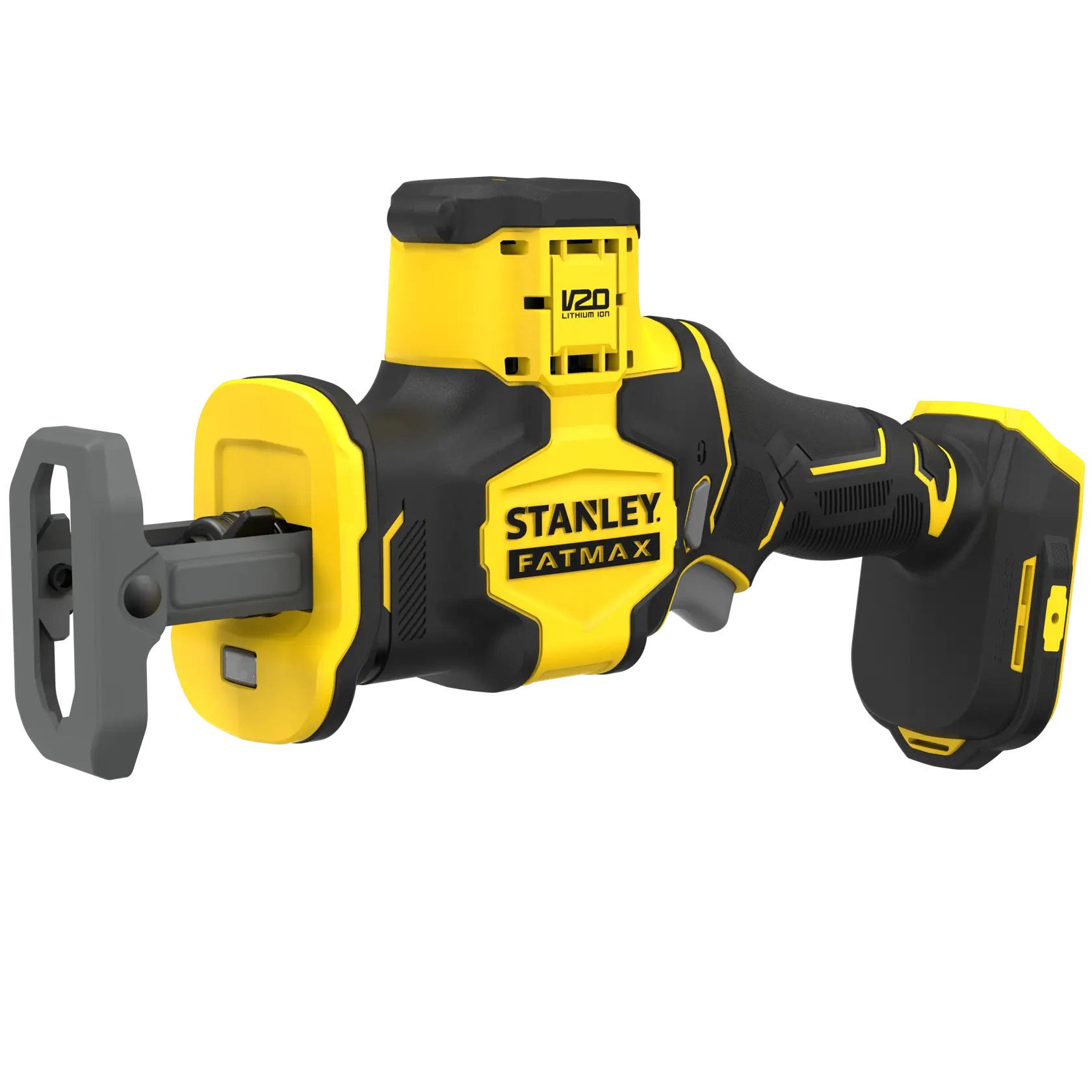 STANLEY SFMCS305B Säbelsäge, Fatmax Serie, gelb und schwarz, Seitenansicht auf weißem Hintergrund.