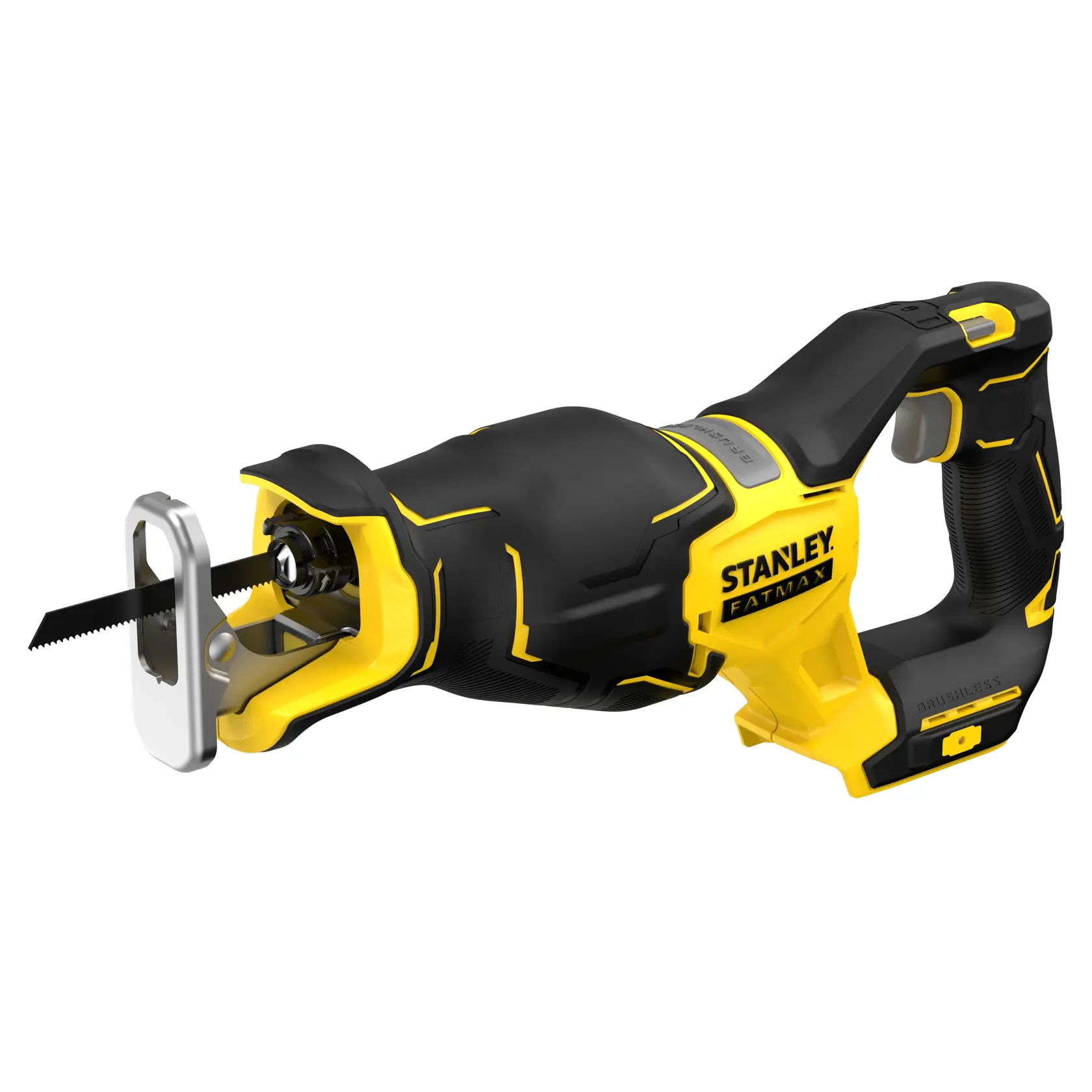 Photo of STANLEY SFMCS310B reciprocating saw, yellow and black, side angle, brushless design.