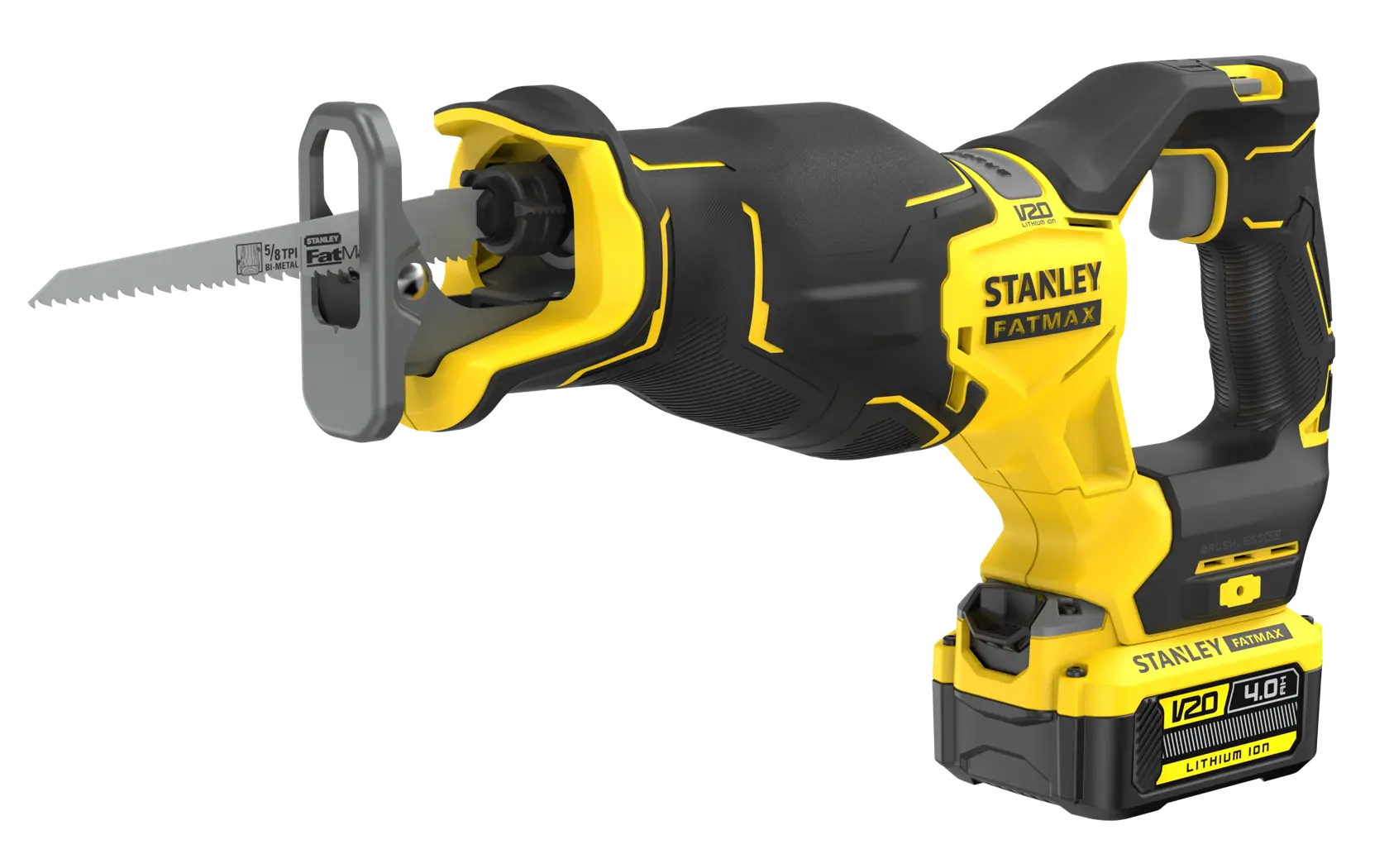 Foto der kabellosen STANLEY SFMCS311M1T Säbelsäge, gelb und schwarz, Seitenansicht auf weißem Hintergrund.
