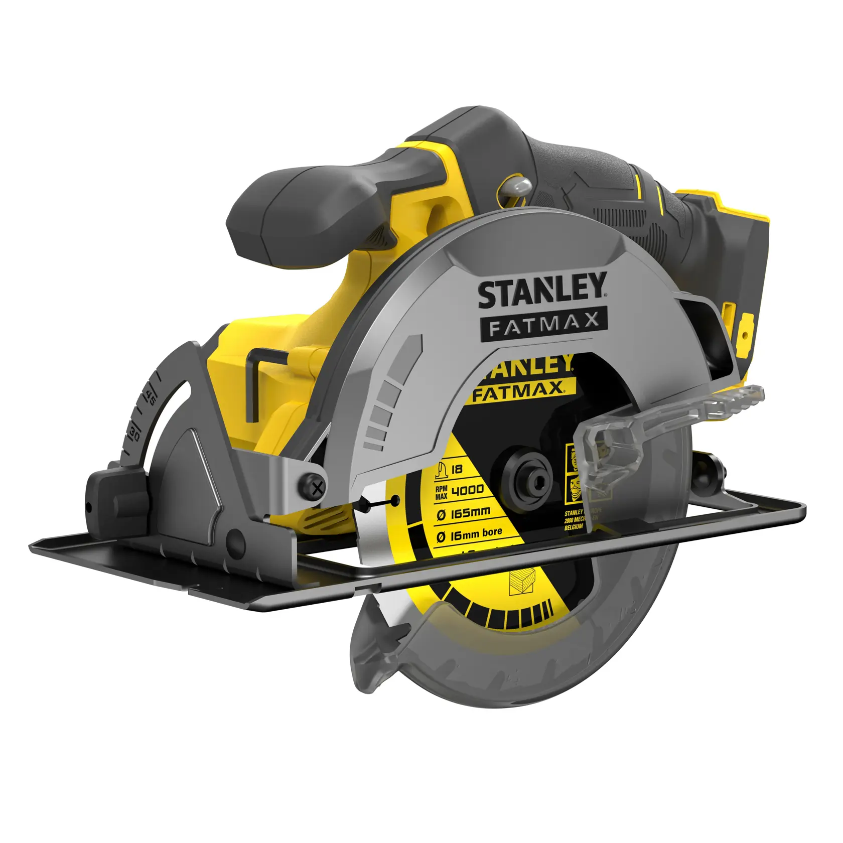 STANLEY SFMCS500B FATMAX Akku-Handkreissäge, linke Seitenansicht, gelb-schwarzes Werkzeug mit sichtbarem Sägeblatt und Griff.