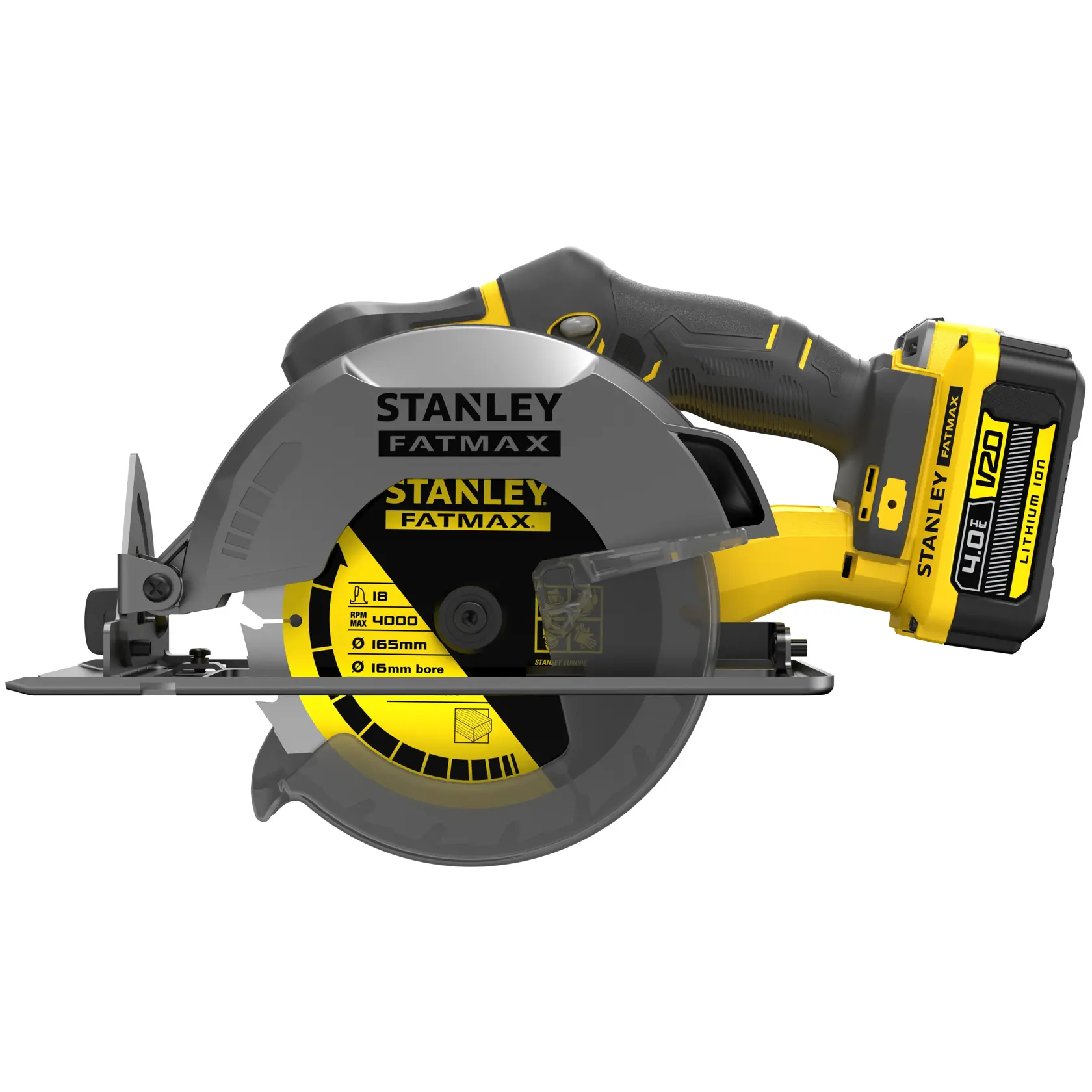 Photo of STANLEY SFMCS500M2K cordless circular saw, side view, with yellow and black details and V20 lithium-ion battery.