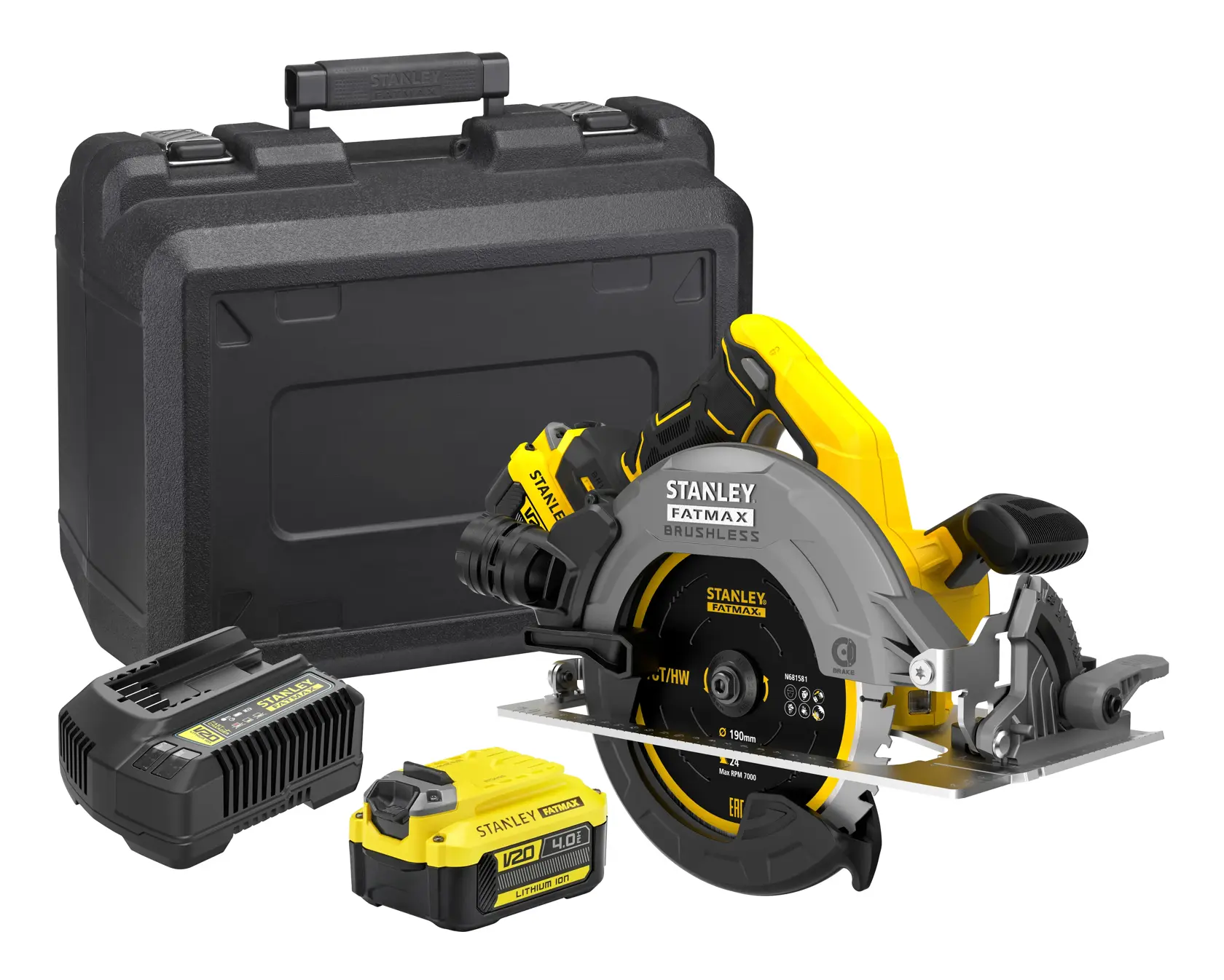 STANLEY SFMCS500M2K kabellose Kreissäge, gelb und schwarz, Frontansicht mit Sägeblattabdeckung und V20 Akku.