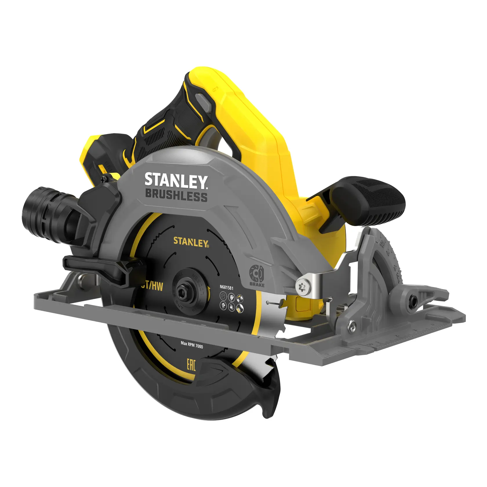STANLEY SFMCS551B Kreissäge, bürstenlos, grau und gelb, linke Seitenansicht auf weißem Hintergrund.