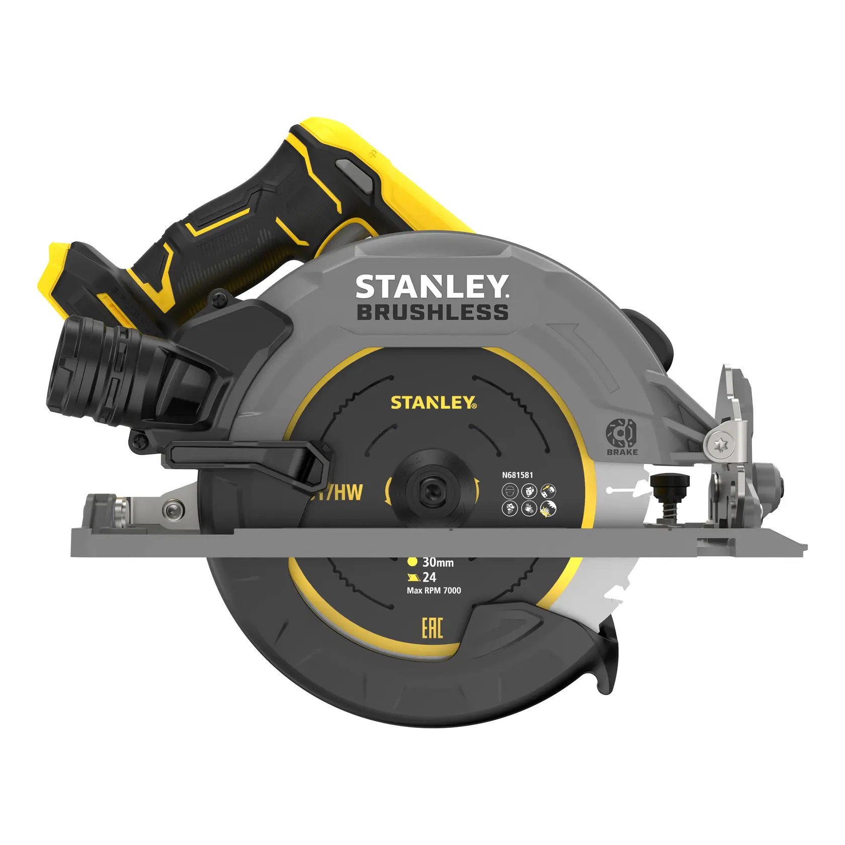 Foto der STANLEY SFMCS551B Akku-Handkreissäge, Seitenansicht, grau mit gelben Akzenten, zeigt Sägeblatt und bürstenlosen Motor.
