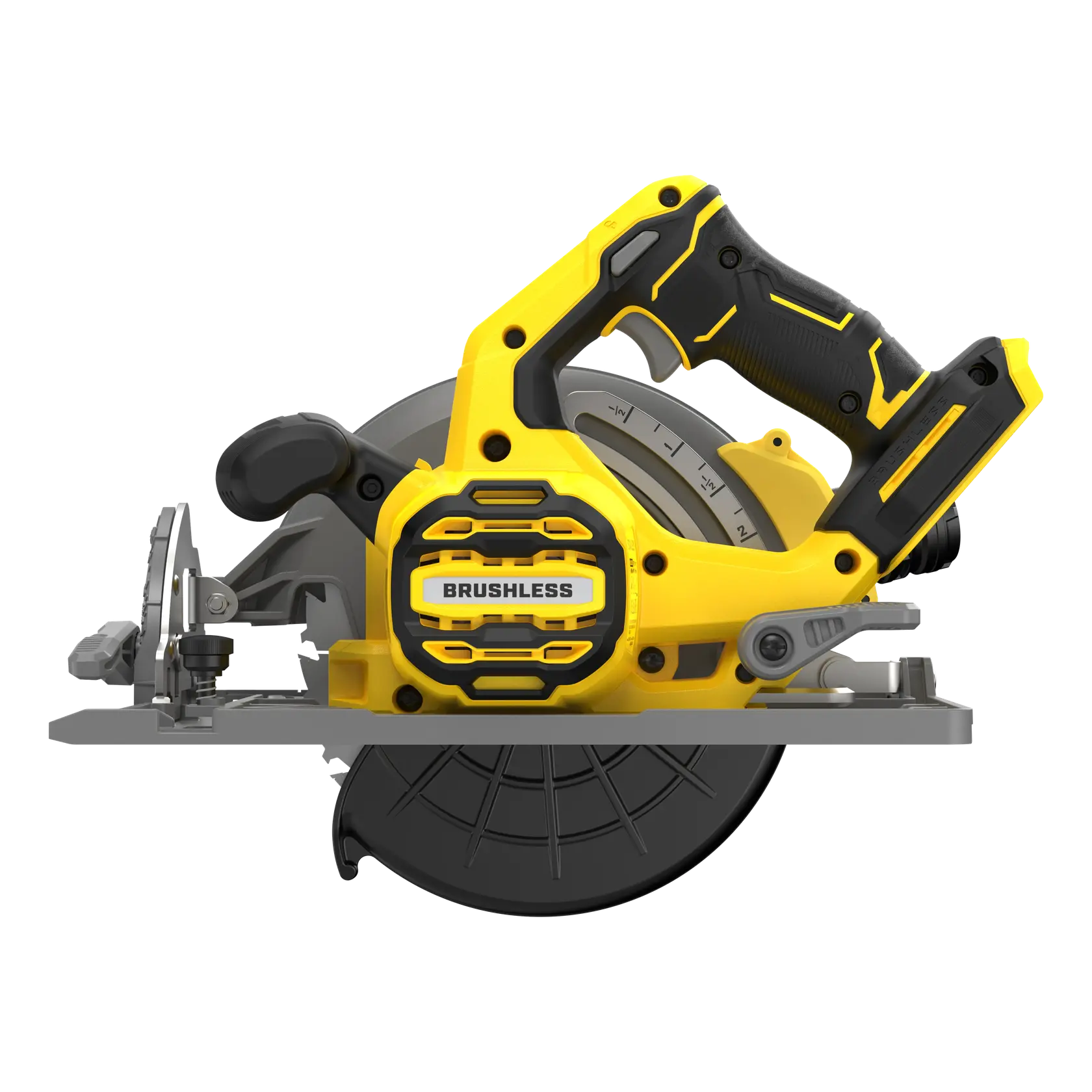 STANLEY SFMCS551B Akku-Kreissäge Vorderansicht, gelb und schwarz, mit FATMAX-Logo.