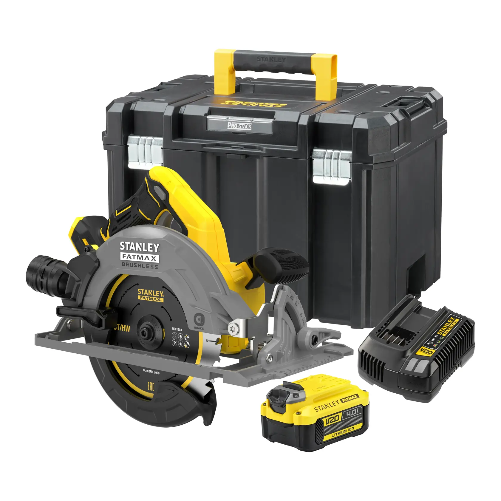 STANLEY SFMCS551M1T FatMax Akku-Handkreissäge-Set mit Batterie, Ladegerät und Werkzeugkiste, Vorderansicht.