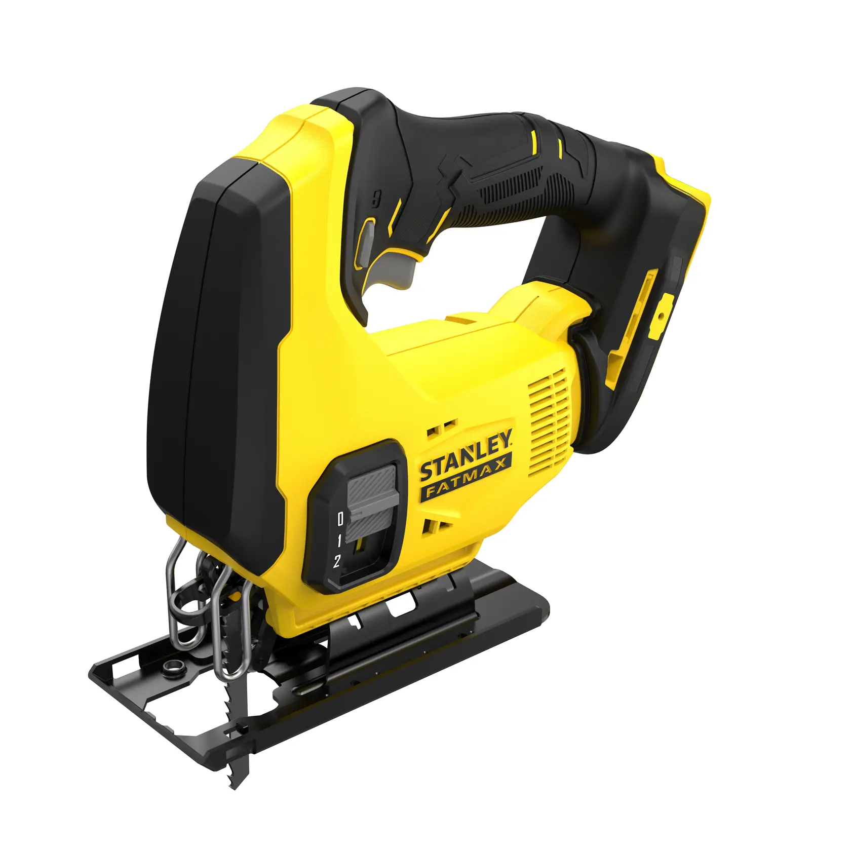 STANLEY SFMCS600B Akku-Stichsäge, gelb und schwarz, Seitenansicht vor weißem Hintergrund.