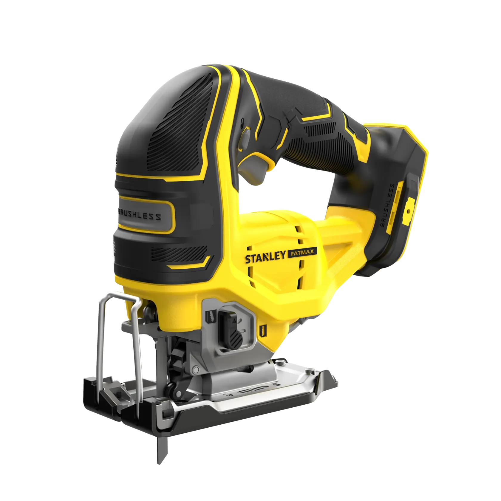 Gelb-schwarze STANLEY FATMAX Akku-Stichsäge mit bürstenlosem Motor und ergonomischem Griff.