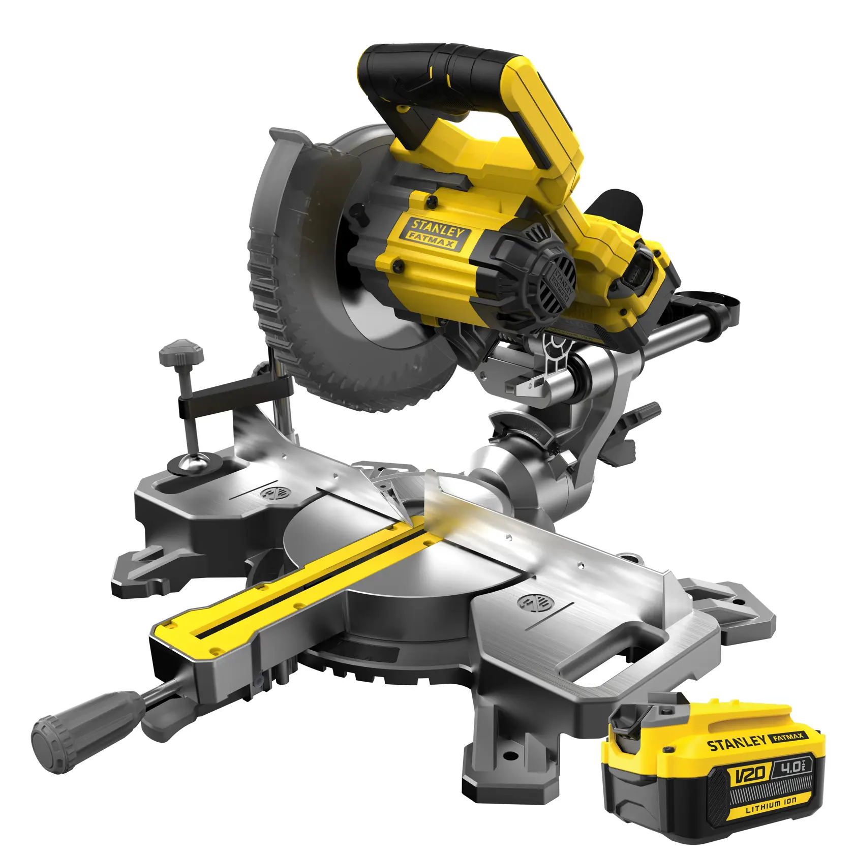 Photo of STANLEY SFMCS701M1 cordless miter saw with yellow and black body, side angle, battery visible.