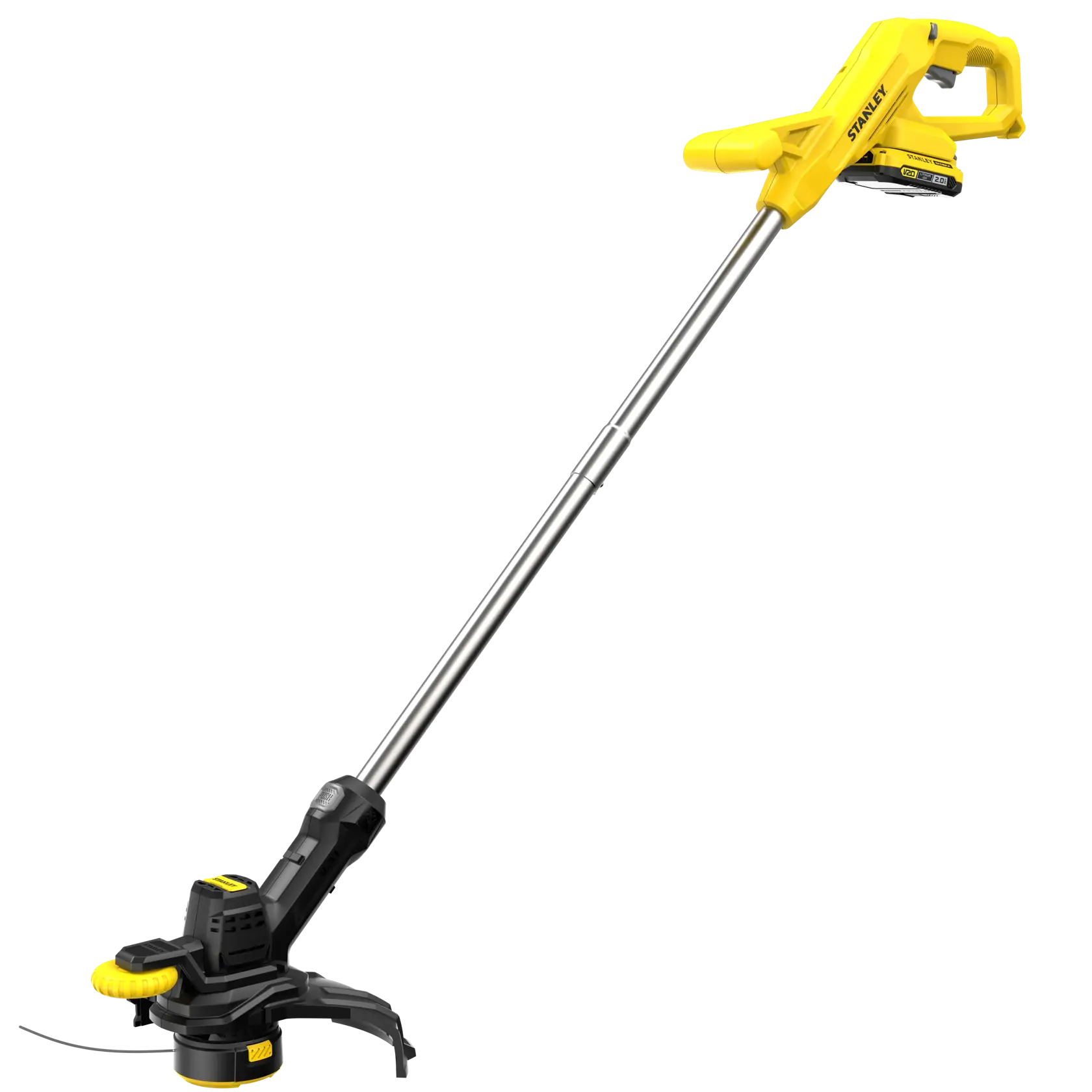 Foto des gelben STANLEY SFMCST925M1 Akku-Rasentrimmers, Seitenansicht auf weißem Hintergrund.