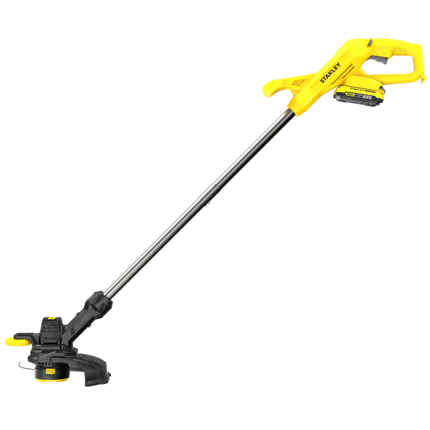 STANLEY SFMCST925M1 gelb-schwarzer kabelloser Rasentrimmer, Seitenansicht auf weißem Hintergrund.