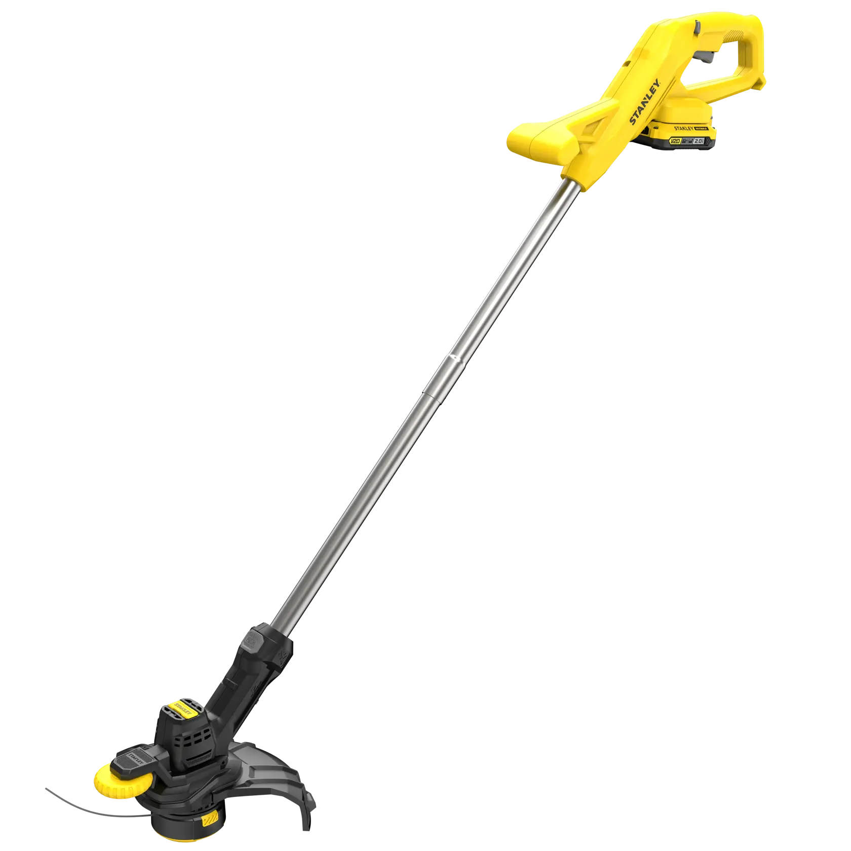 STANLEY SFMCST925M1 gelber kabelloser Rasentrimmer, Seitenansicht vor weißem Hintergrund.