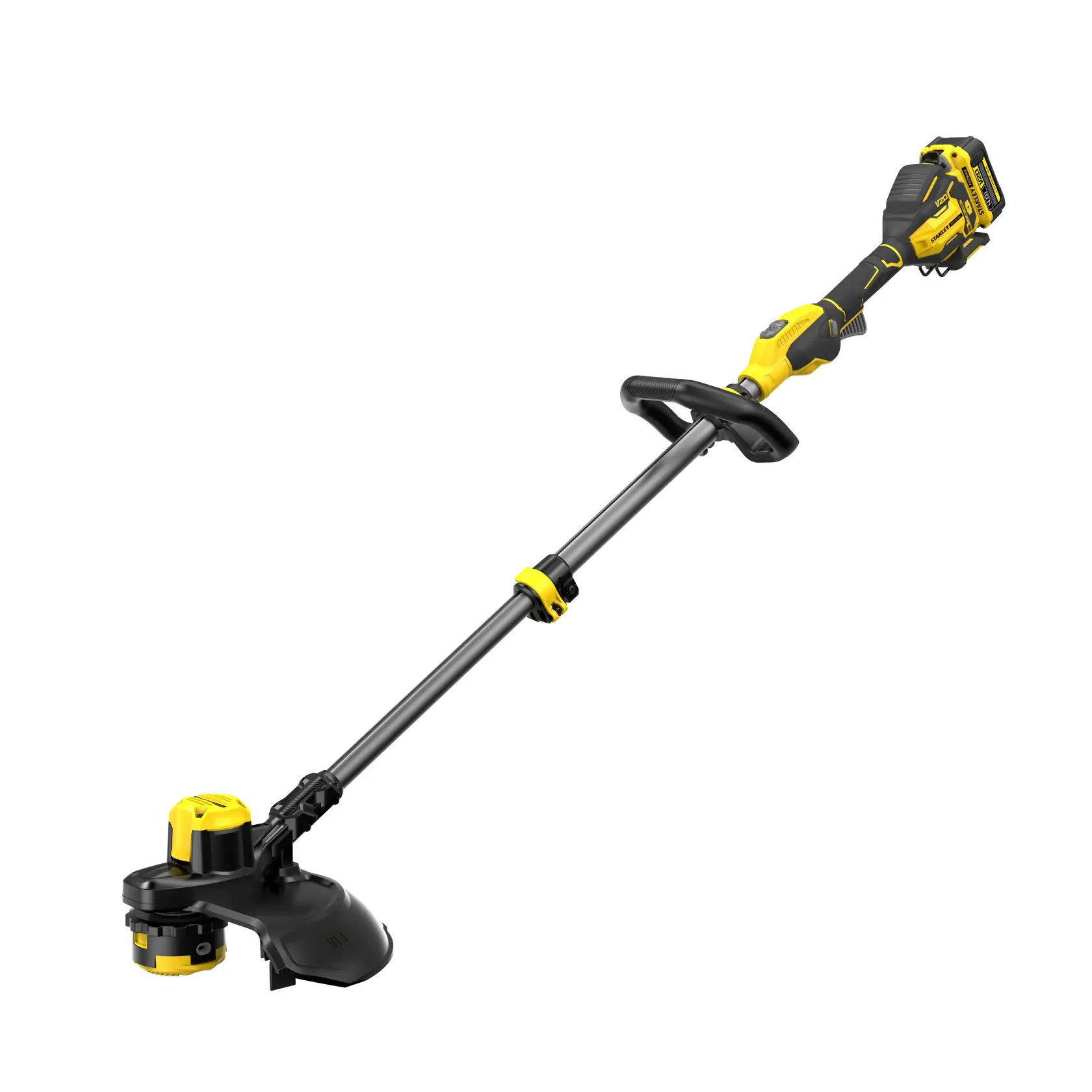 STANLEY SFMCSTB933M kabelloser Rasentrimmer, gelb und schwarz, Seitenansicht auf weißem Hintergrund.