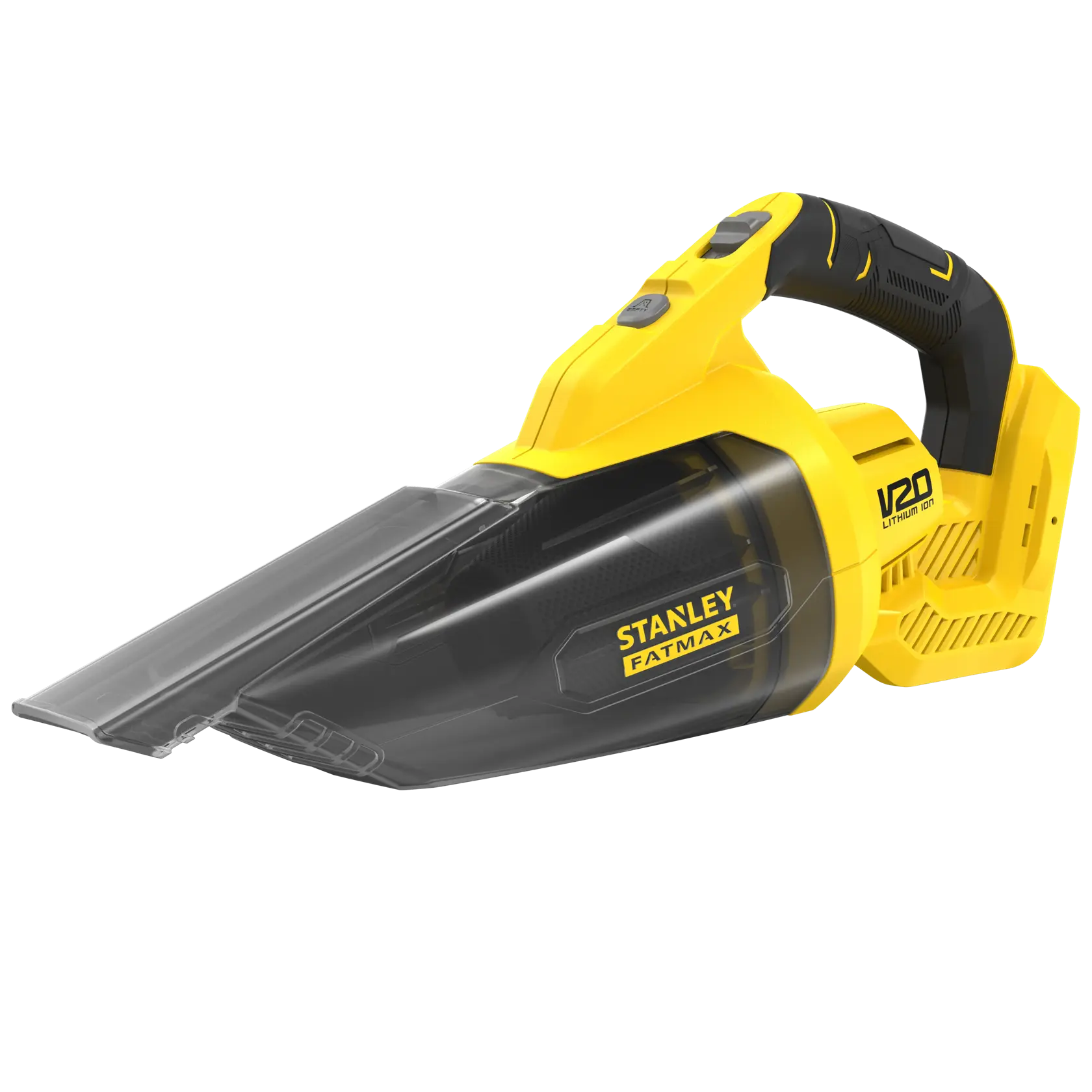 Stanley SFMCVH001B Handstaubsauger, gelb und schwarz, FATMAX, Seitenansicht, weißer Hintergrund.
