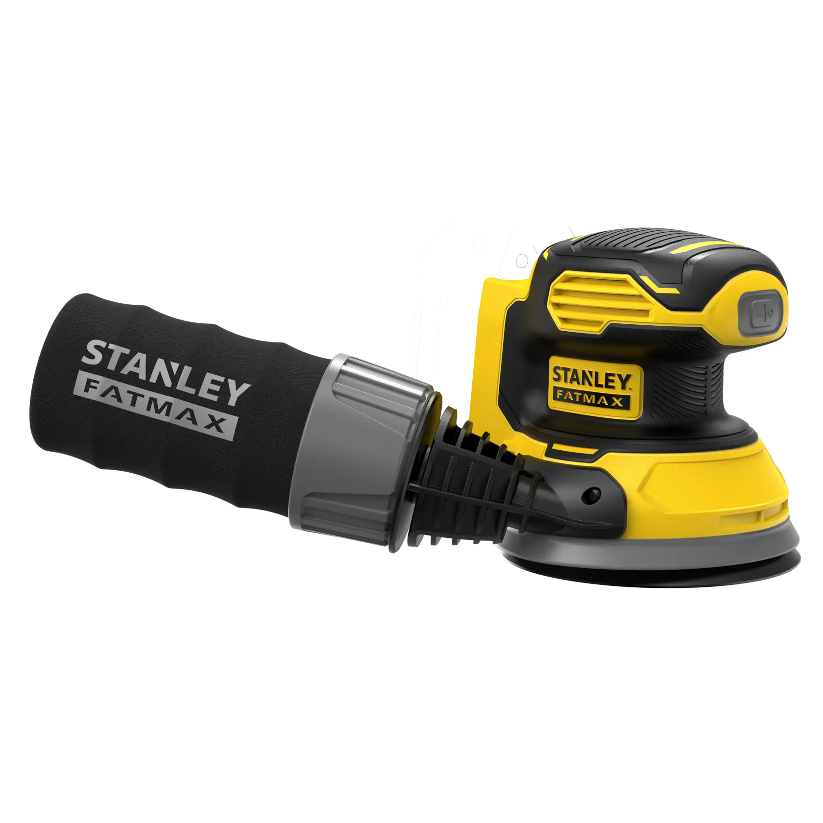 STANLEY SFMCW220B kabelloser Exzenterschleifer, gelb und schwarz, Seitenansicht auf weißem Hintergrund.