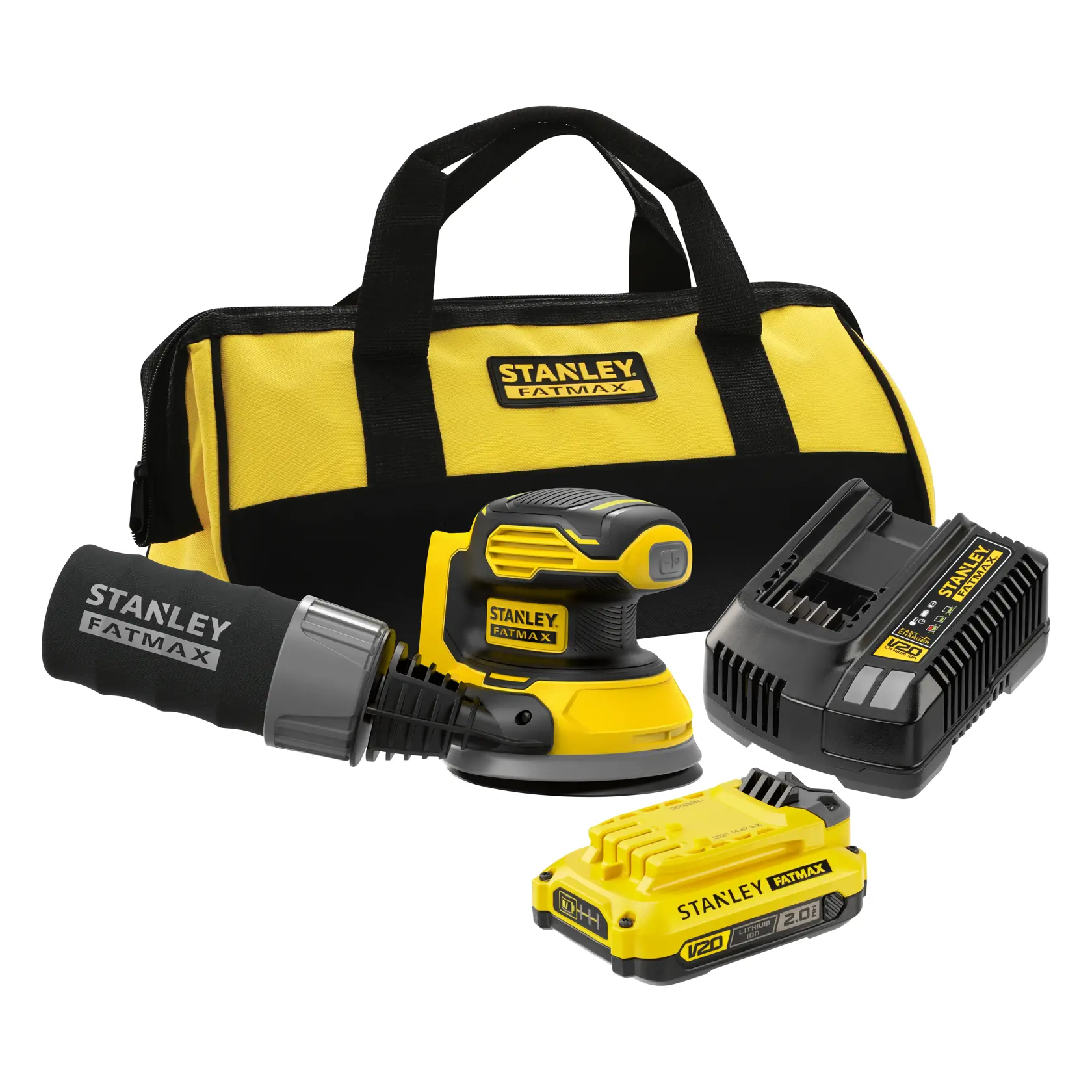 STANLEY SFMCW220D1S Akku-Schleifer-Set, mit gelb-schwarzer Werkzeugtasche, Akku, Ladegerät, Vorderansicht