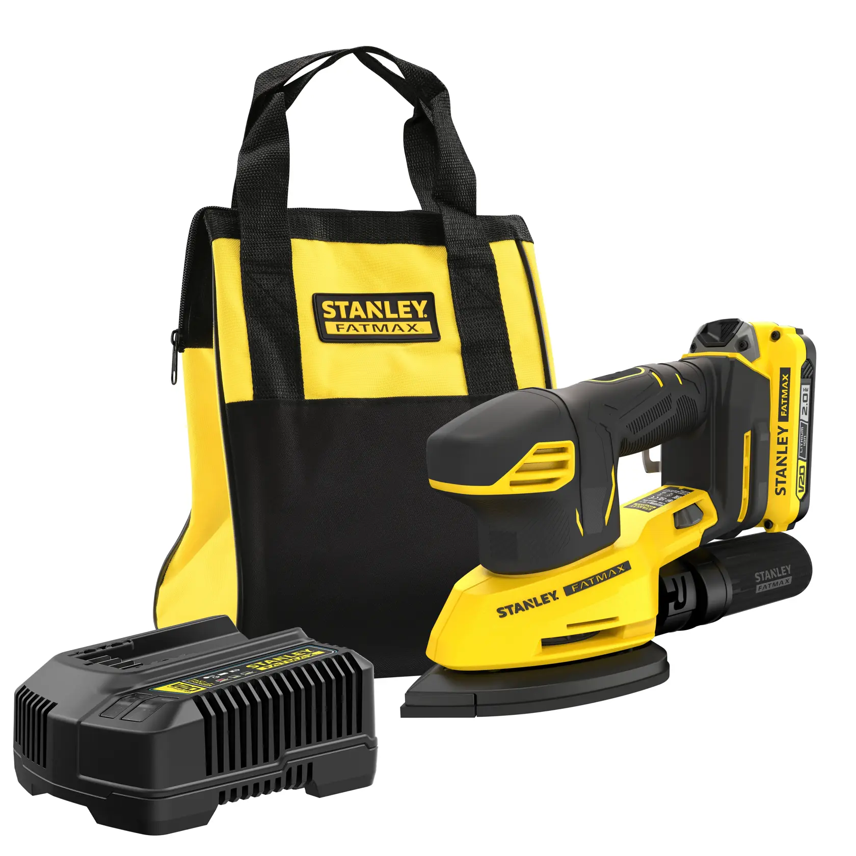 STANLEY SFMCW221D1S Akku-Schleifer-Set mit gelb-schwarzer Tasche und Ladegerät, Vorderansicht.