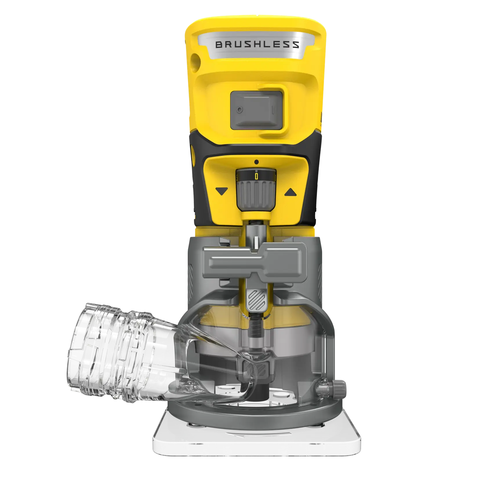 STANLEY SFMCW400B kompakter kabelloser Fräser, Frontansicht, gelb und schwarz mit Staubabsauganschluss.