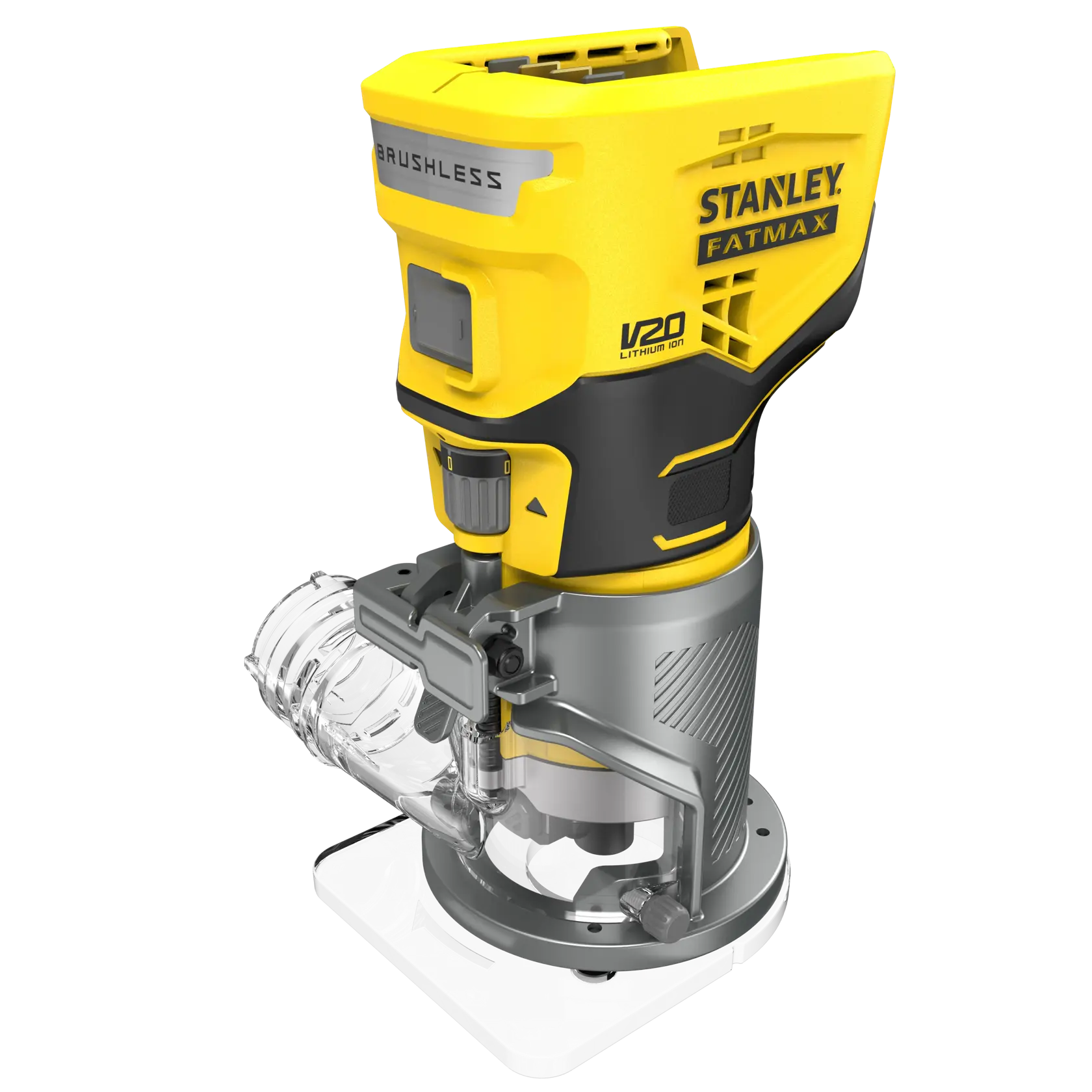 STANLEY SFMCW400B Akku-Fräse, gelb und schwarz, Dreiviertelansicht auf weißem Hintergrund.