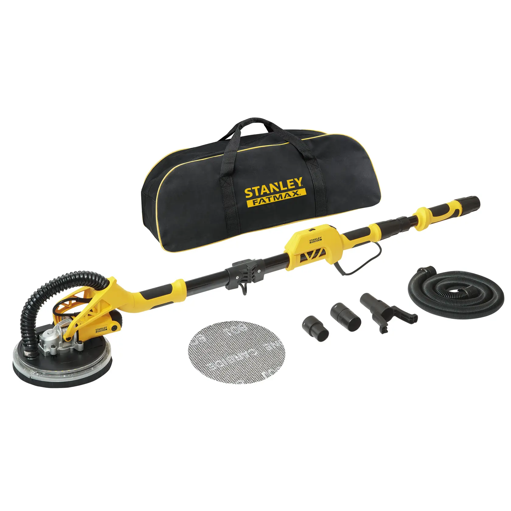 STANLEY SFMEE500S Trockenbauschleifer-Set mit gelb-schwarzem Schleifer, Tragetasche, Schlauch, Netzscheiben und Zubehör, Vorderansicht.