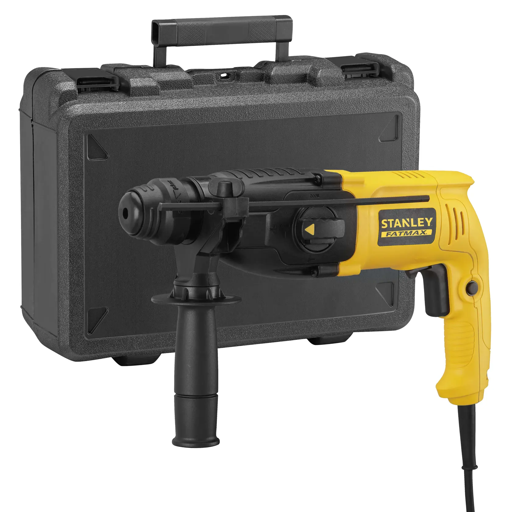 STANLEY SFMEH200K gelb-schwarzer Bohrhammer mit Seitenhandgriff und Hartschalenkoffer, Vorderansicht.