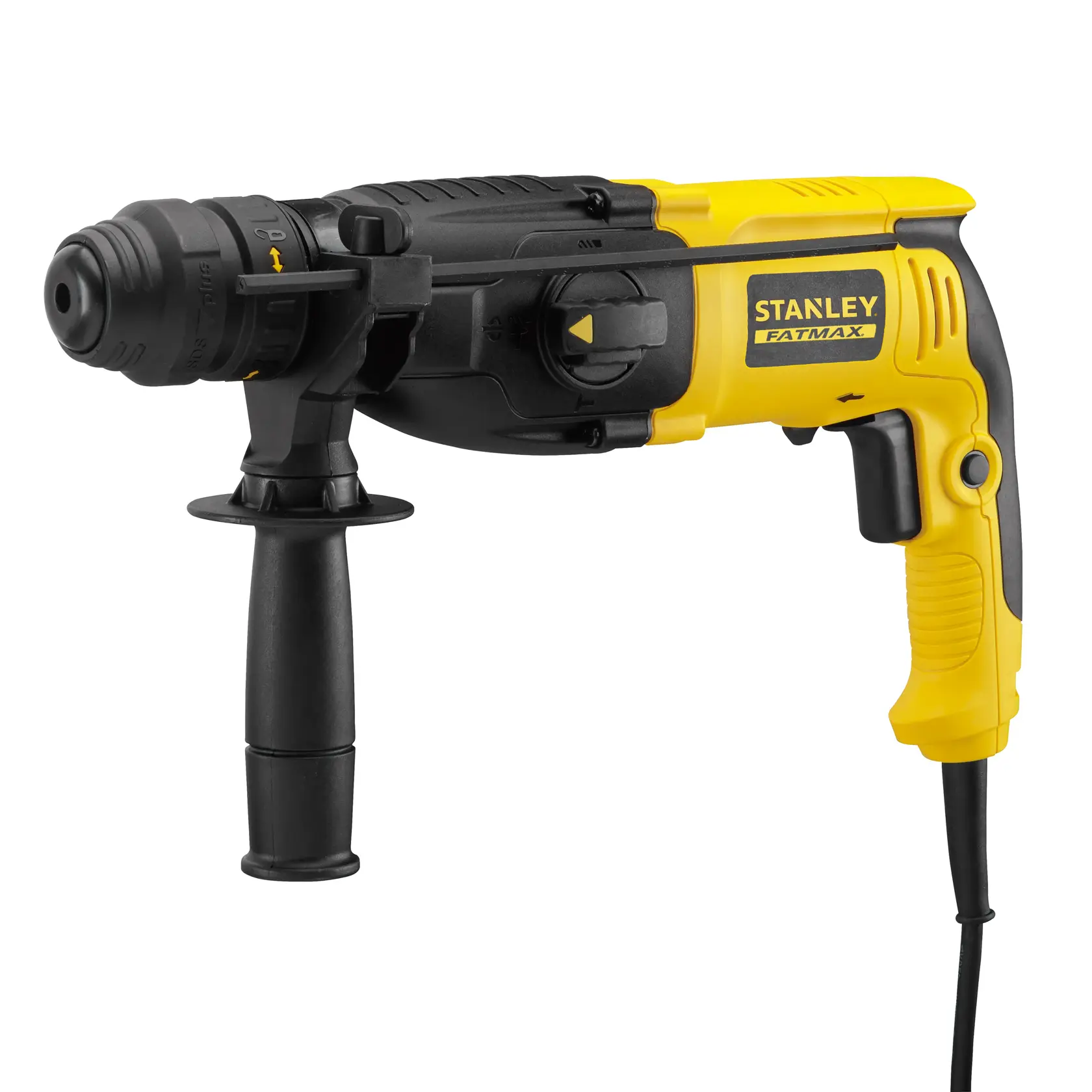STANLEY SFMEH210K Bohrhammer, schwarz-gelb, Seitenansicht auf weißem Hintergrund.