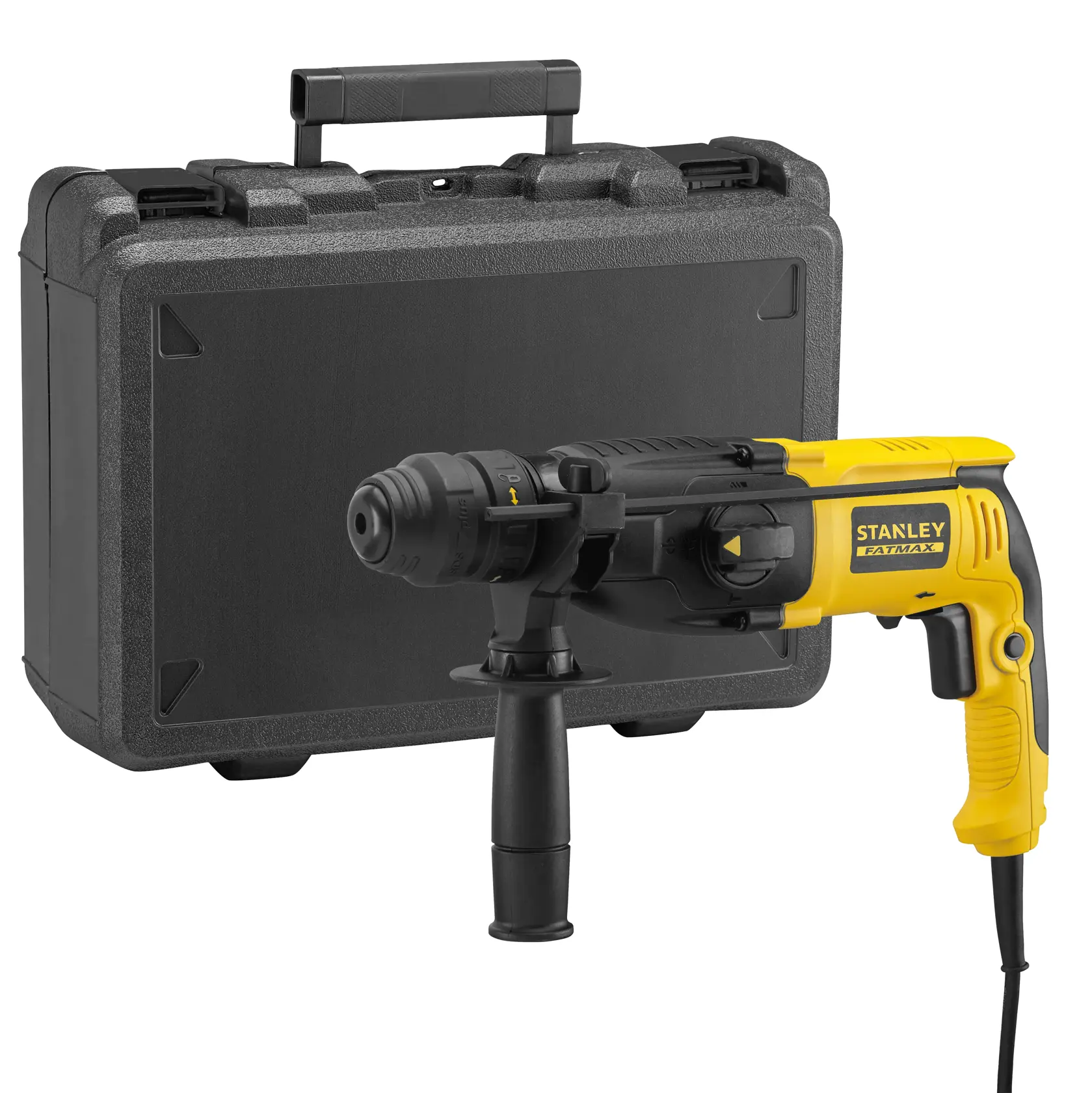 STANLEY SFMEH210K Bohrhammer mit gelb-schwarzem Gehäuse, gezeigt mit schwarzem Transportkoffer, Vorderansicht.