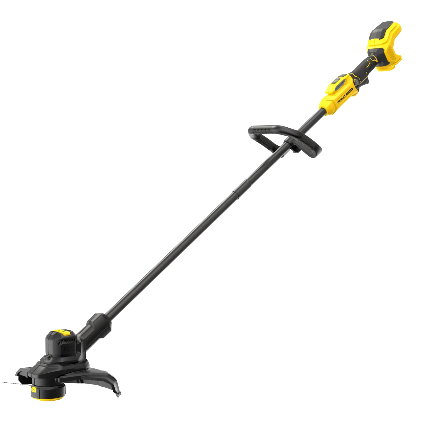 STANLEY SFMSTB930B Akku-Rasentrimmer, Schwarz-Gelb, Seitenansicht auf weißem Hintergrund.