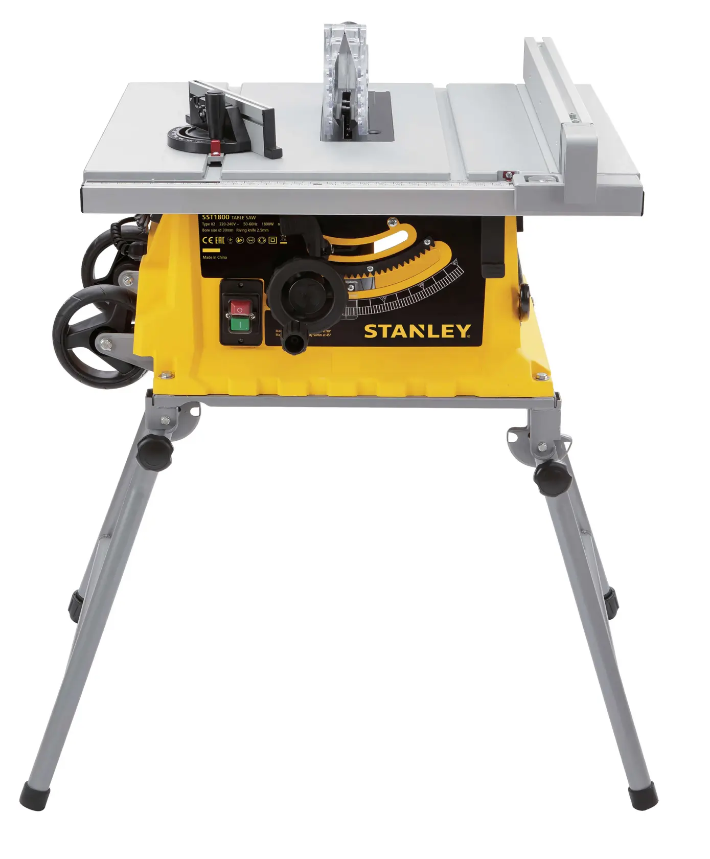 STANLEY SST1800, SST1800-TR Tischsäge mit Gestell, Frontansicht, gelb-grau, Elektrowerkzeug für Holzarbeiten.