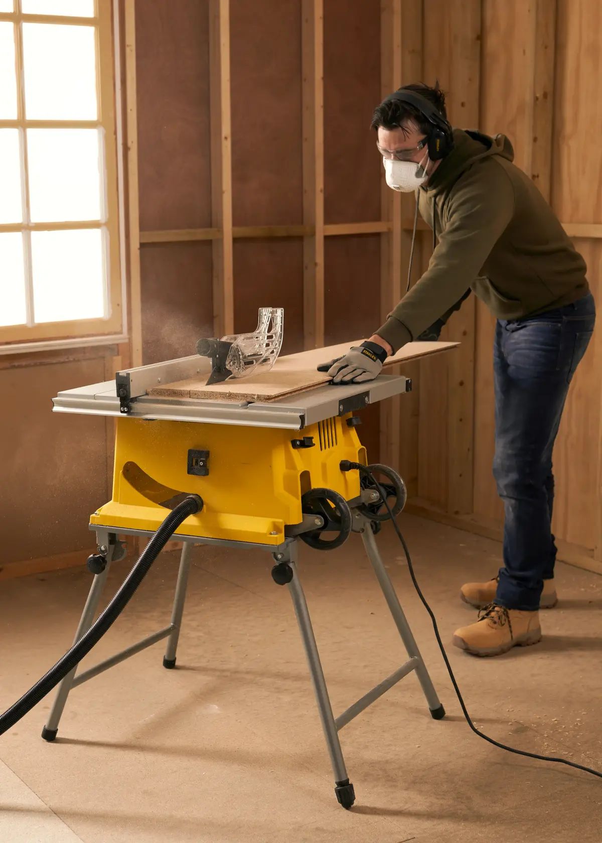 STANLEY Tischsäge SST1800, SST1800-TR in Werkstatt, gelb mit Gestell, Person sägt Holzbrett.