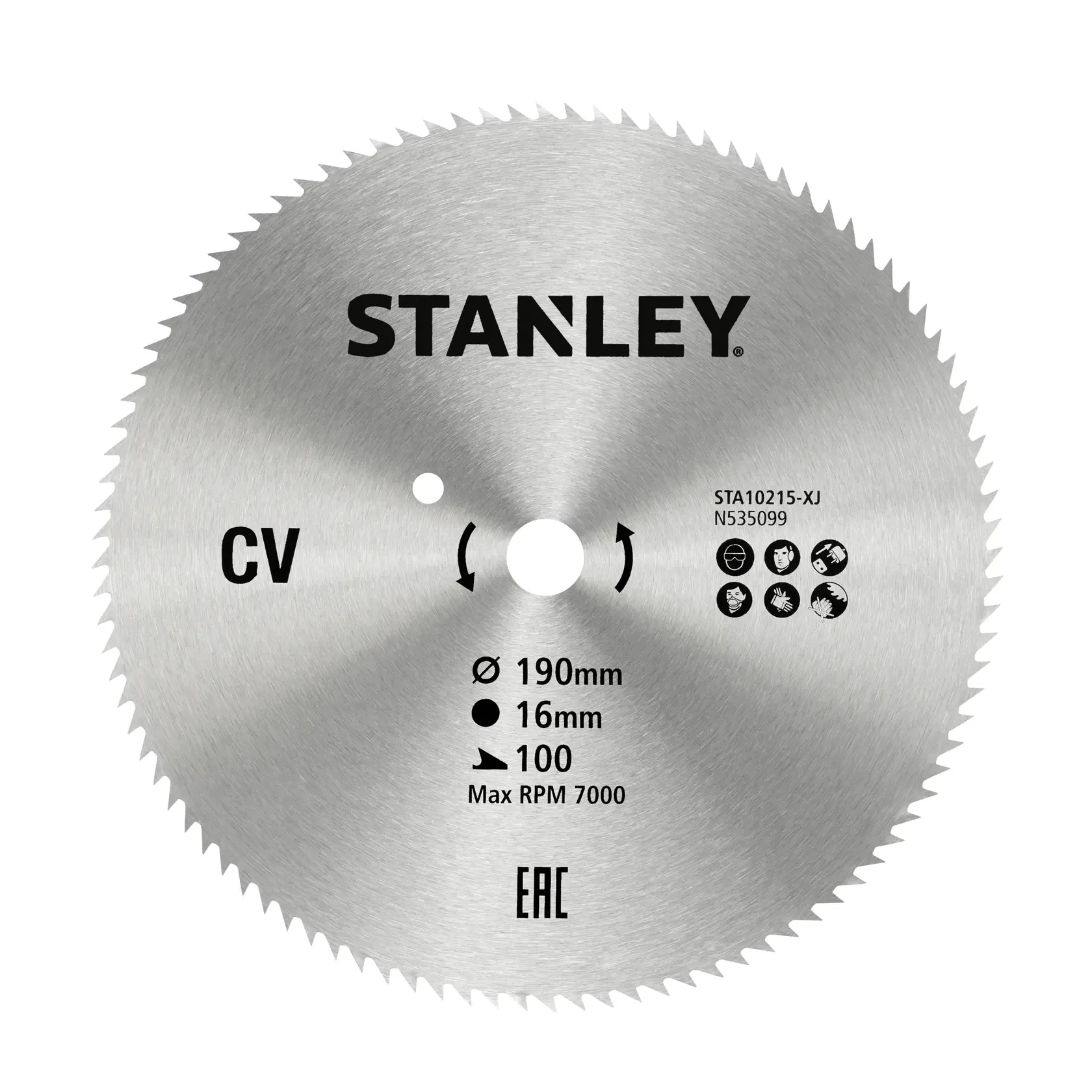 STANLEY STA10215 Kreissägeblatt, 190mm, silber, frontal fotografiert vor weißem Hintergrund.