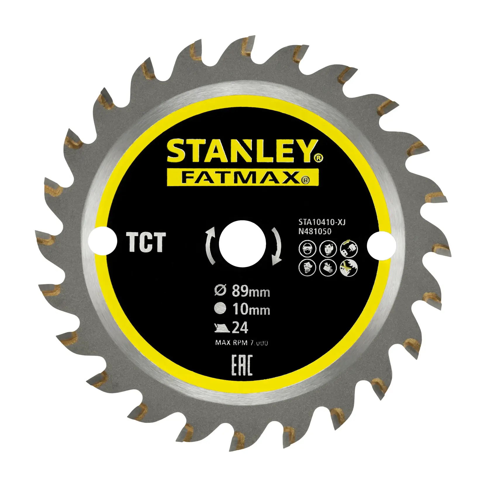 STANLEY STA10410 circular saw blade, FATMAX series, 89mm diameter, 24 teeth, front angle on white background.