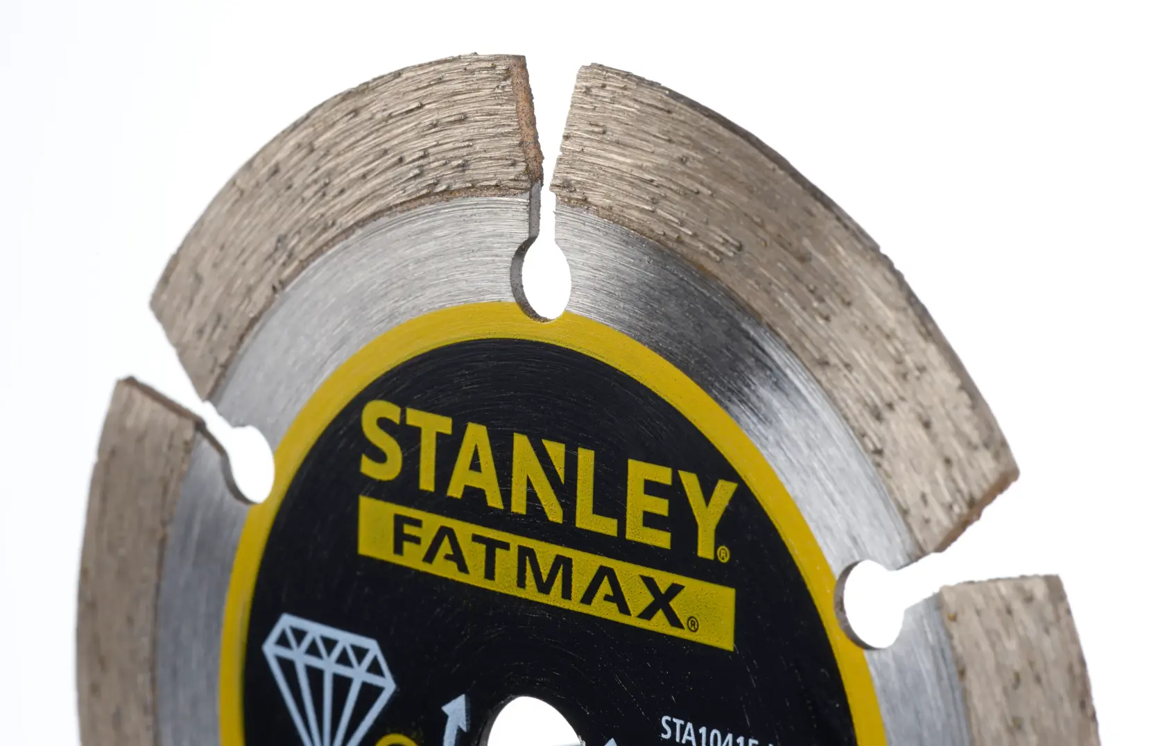 STANLEY STA10415 diamond segmented saw blade, close-up angle, black and yellow label, silver edge.