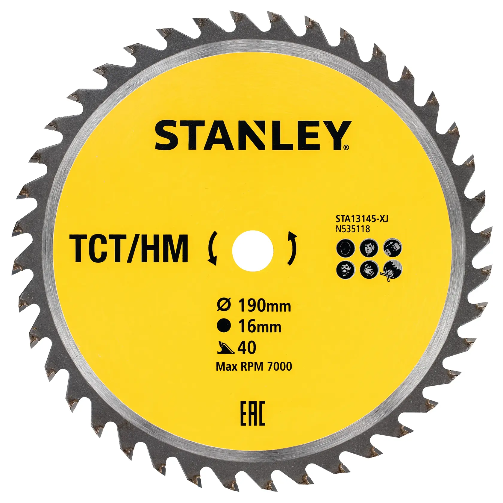 Stanley Kreissägeblatt, gelbe Mitte, TCT/HM, 190mm Durchmesser, 16mm Bohrung, 40 Zähne, max 7000 U/min.