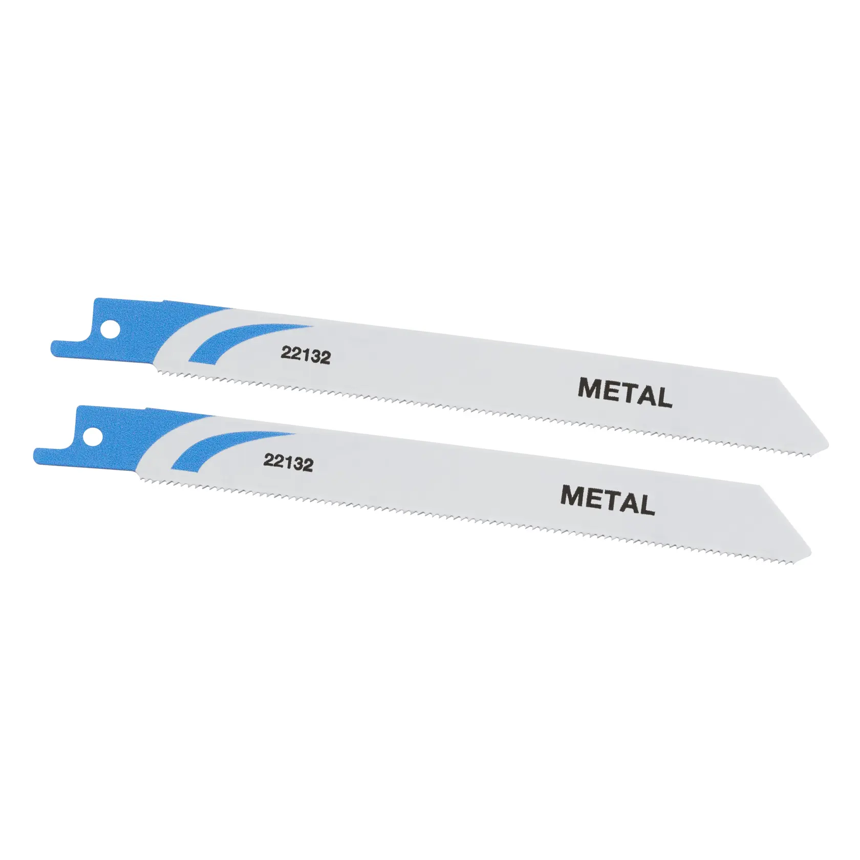 STANLEY STA22132 Metallsägeblätter für Sägen, weiß mit blauem Ansatz, 2er-Set, Seitenansicht auf weißem Hintergrund.