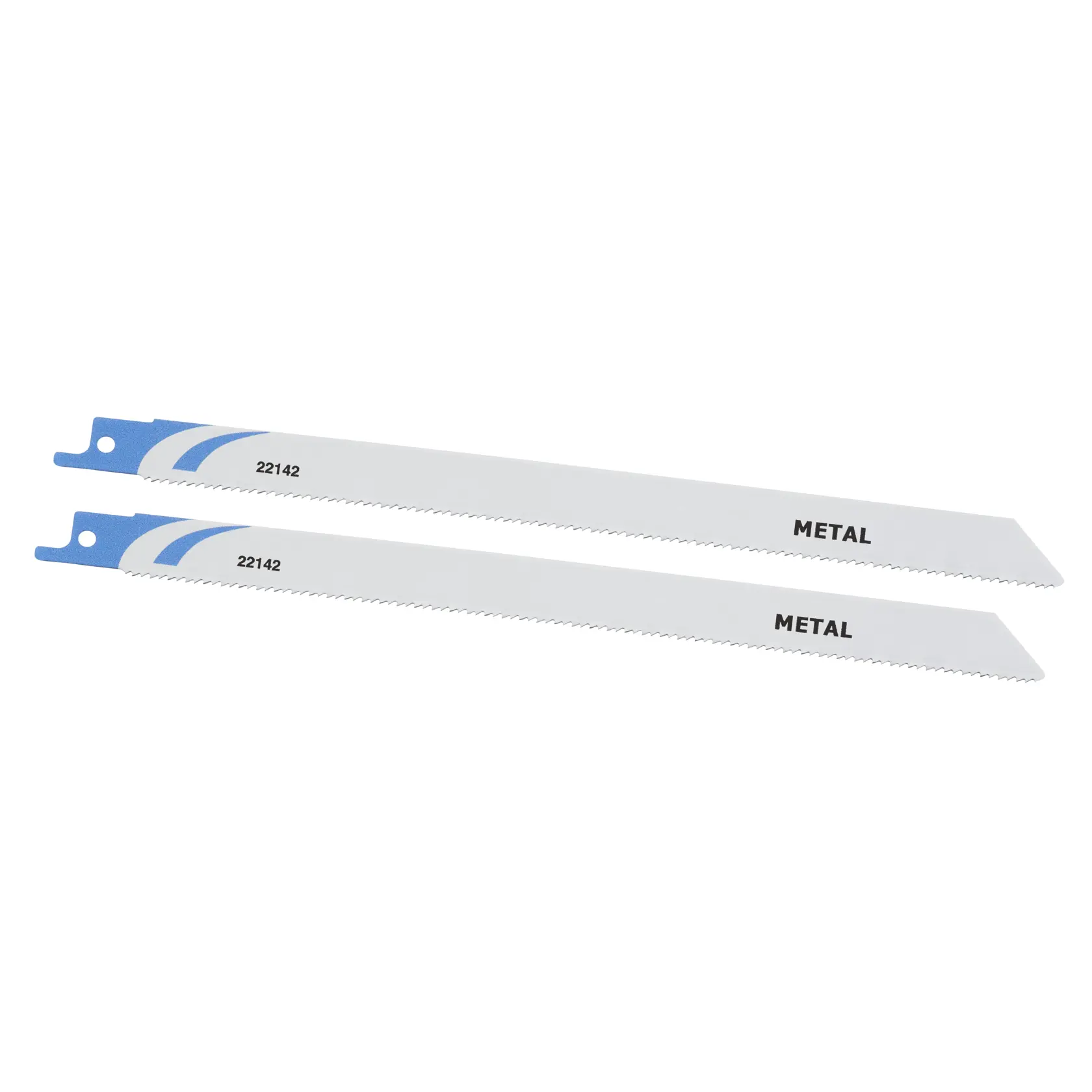 STANLEY STA22142 Metallsägeblätter für Sägen, Zweierset, weiß und blau, Seitenansicht auf weißem Hintergrund.