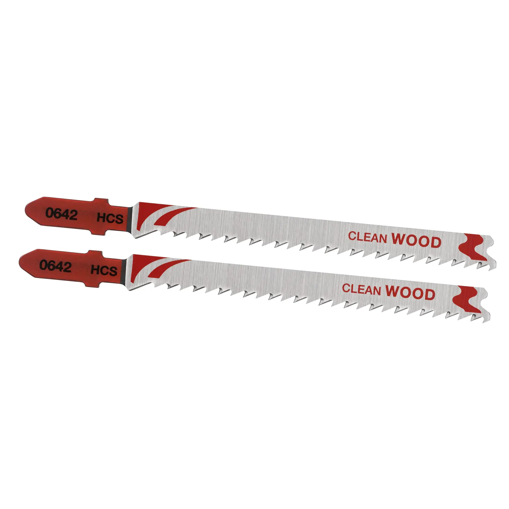 STANLEY STA25552 Stichsägeblätter für saubere Holzschnitte, silber-rot, Zweierpack, Seitenansicht, weißer Hintergrund.