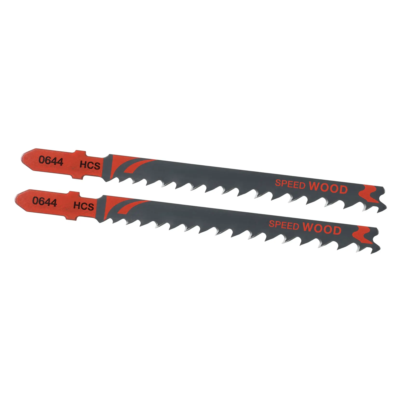 Foto von STANLEY STA25572 Stichsägeblättern für Holz, zwei schwarz-rote Blätter, Seitenansicht auf weißem Hintergrund.