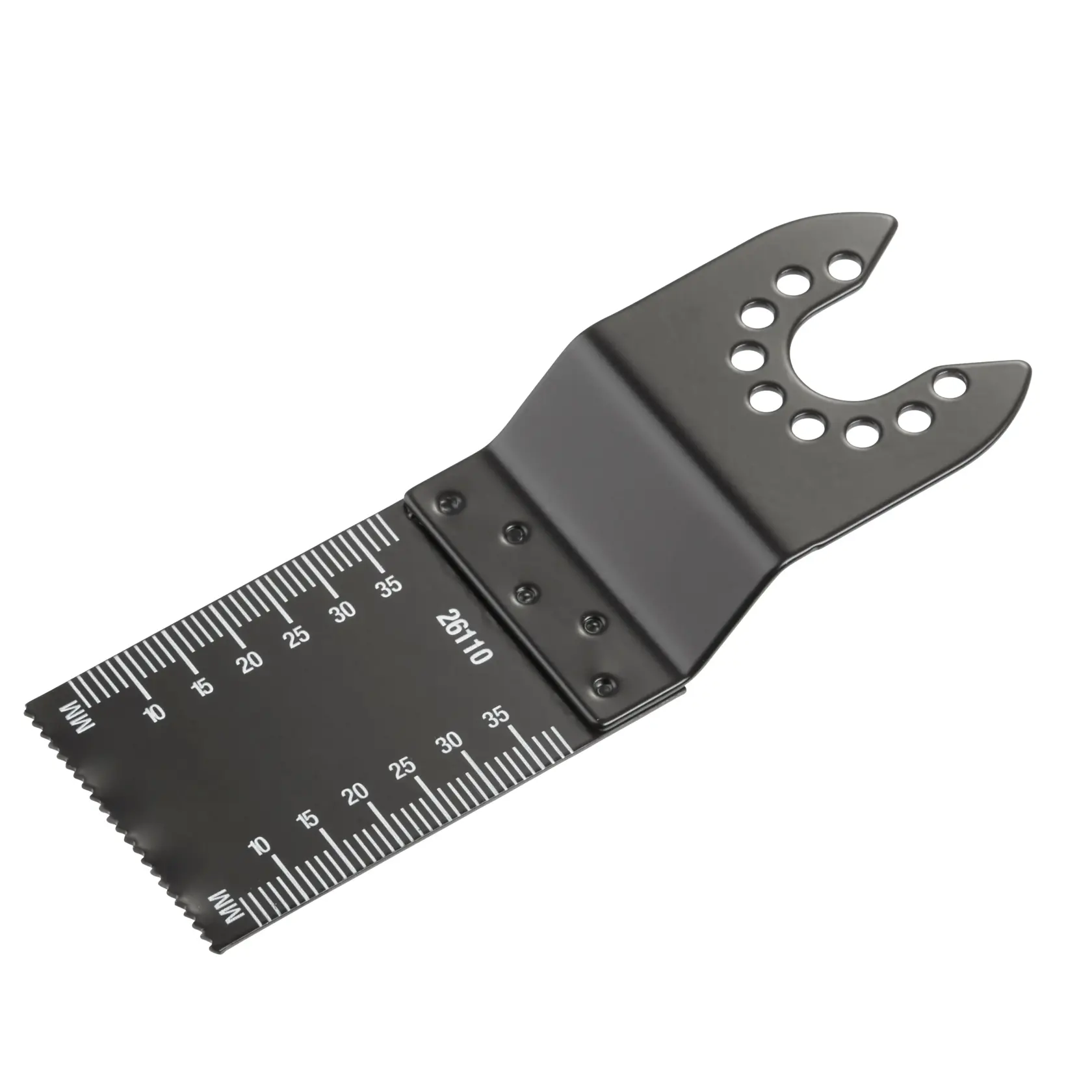 STANLEY STA26110 Sägeblatt mit metrischem Lineal, schwarze Oberfläche, Frontansicht auf weißem Hintergrund.